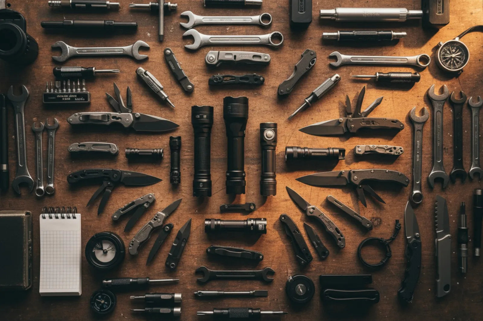 Everyday carry flashlights, knives, and multitools arranged on a wooden surface