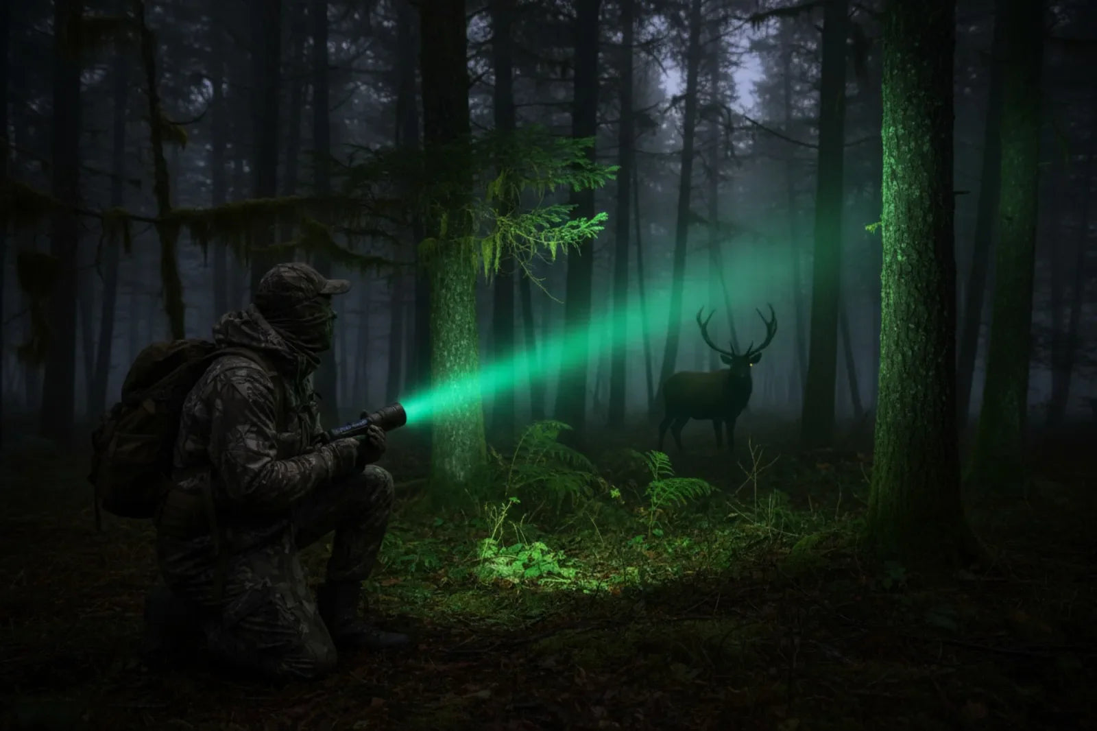 Hunter in camouflage aims green flashlight at moose in dark forest at night