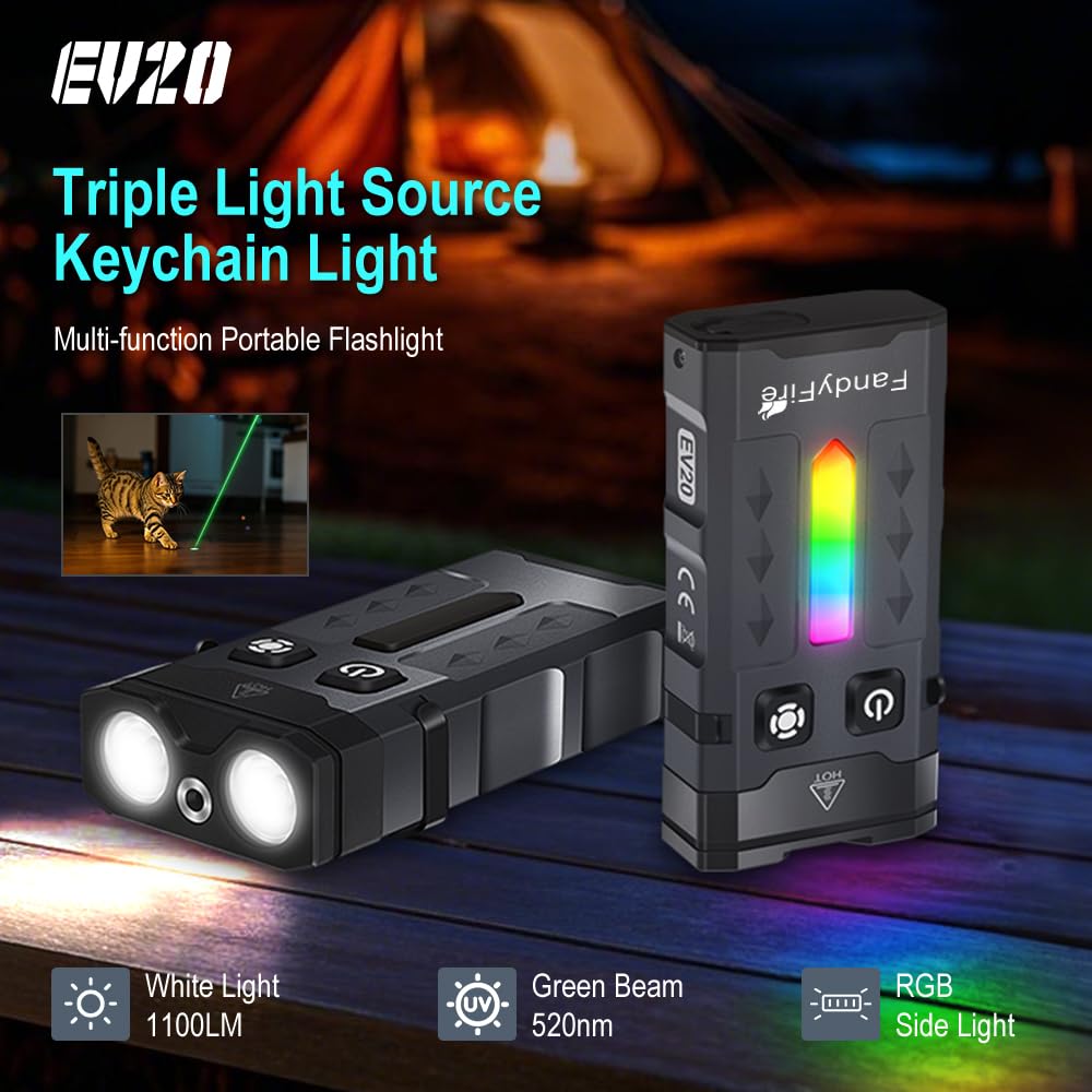 FandyFire 1100 Lumen Small EDC Keychain Flashlight with Green Beam - Rechargeable RGB LED Clip on Flashlight, Multi-Functional and Magnetic Tail Suitable for Outdoor Emergency Gear