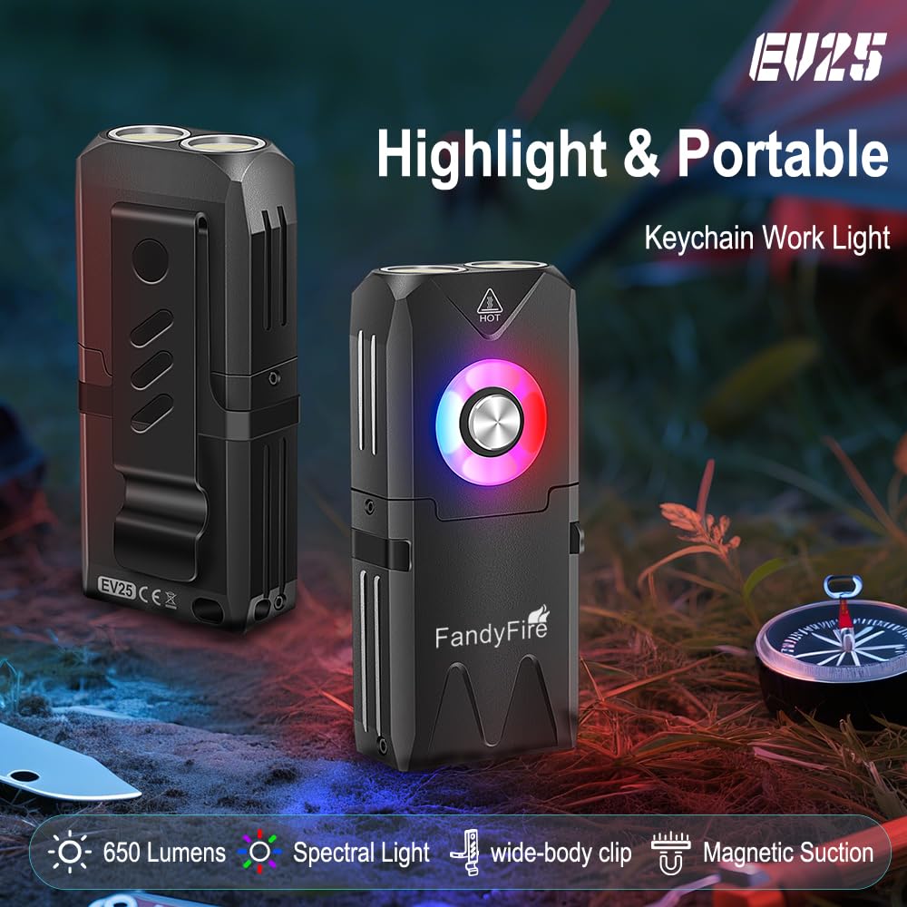 FandyFire 650 High Lumen Clip-on Light EDC Keychain Flashlight,Rechargeable Mini Flashlight with RGB Light, IP66 Waterproof,Portable Clip & Tail Magnet for Emergency Gear(EV25)