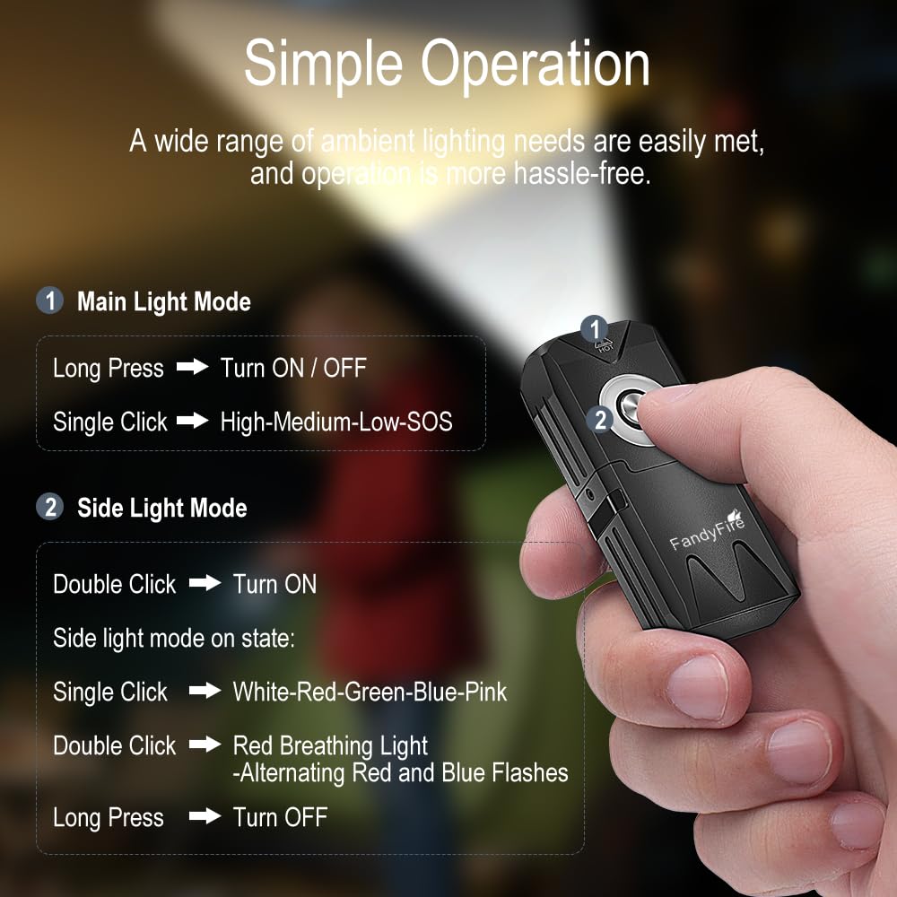 FandyFire 650 High Lumen Clip-on Light EDC Keychain Flashlight,Rechargeable Mini Flashlight with RGB Light, IP66 Waterproof,Portable Clip & Tail Magnet for Emergency Gear(EV25)