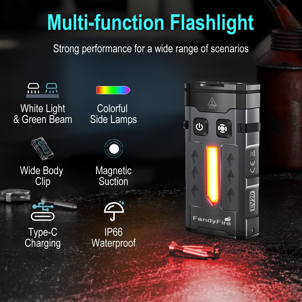 FandyFire 1100 Lumen Small EDC Keychain Flashlight with Green Beam - Rechargeable RGB LED Clip on Flashlight, Multi-Functional and Magnetic Tail Suitable for Outdoor Emergency Gear