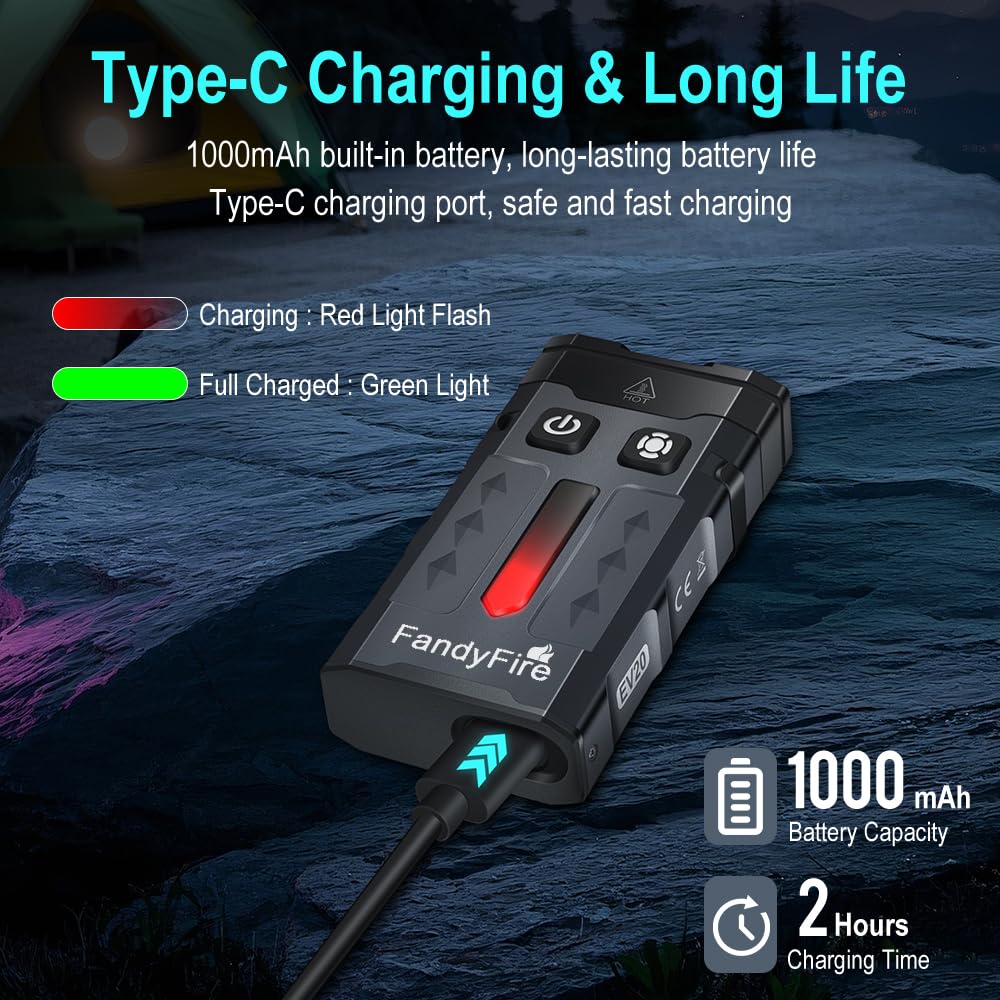FandyFire 1100 Lumen Small EDC Keychain Flashlight with Green Beam - Rechargeable RGB LED Clip on Flashlight, Multi-Functional and Magnetic Tail Suitable for Outdoor Emergency Gear