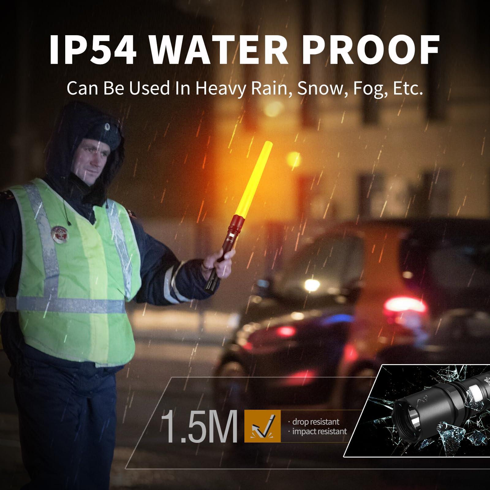 Traffic officer in rain using waterproof LED safety wand baton, IP54 rating, durable flashlight