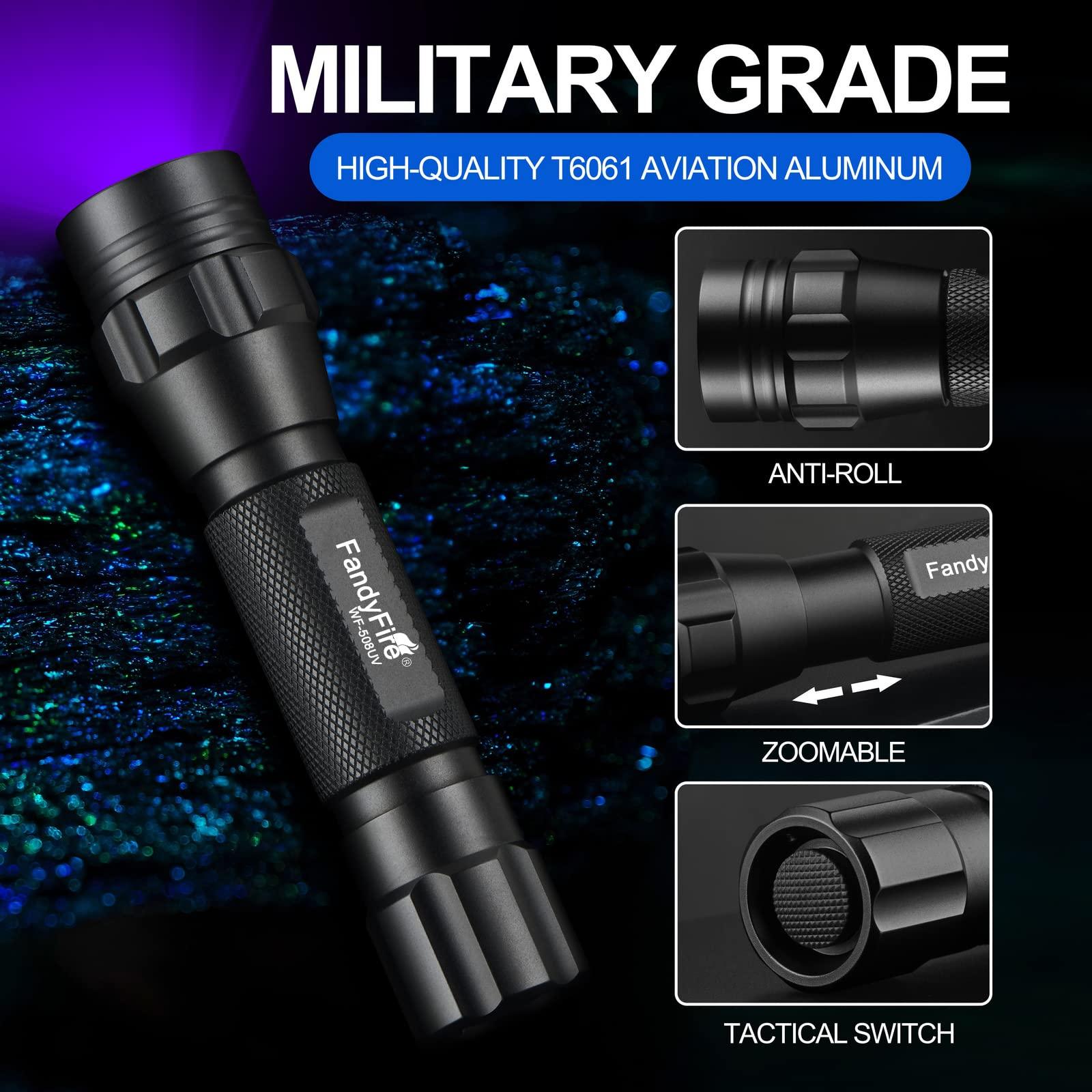 Military grade black FandyFire flashlight, aviation aluminum, anti-roll, zoomable, tactical switch