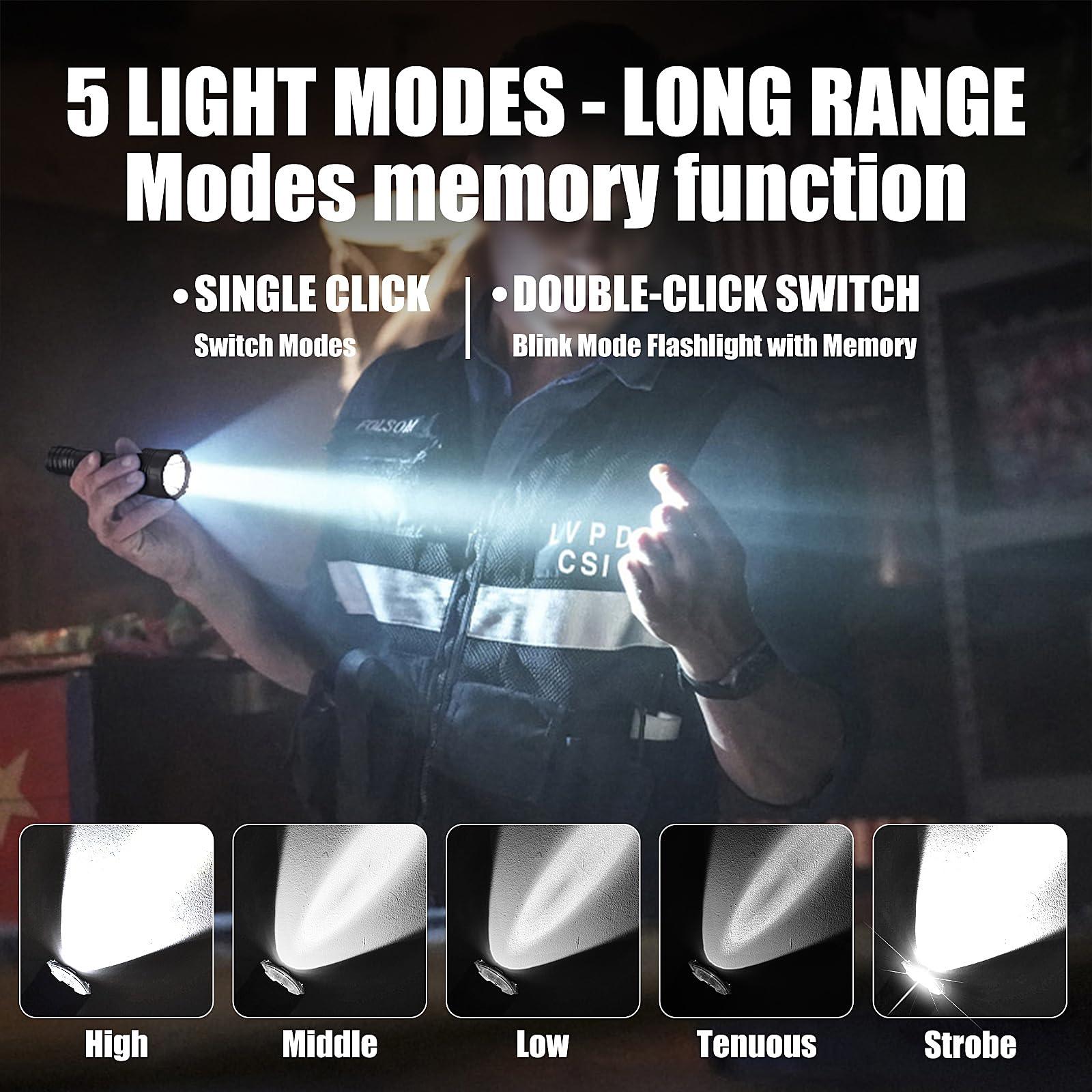 Police officer using tactical flashlight with 5 light modes and long range beam indoors