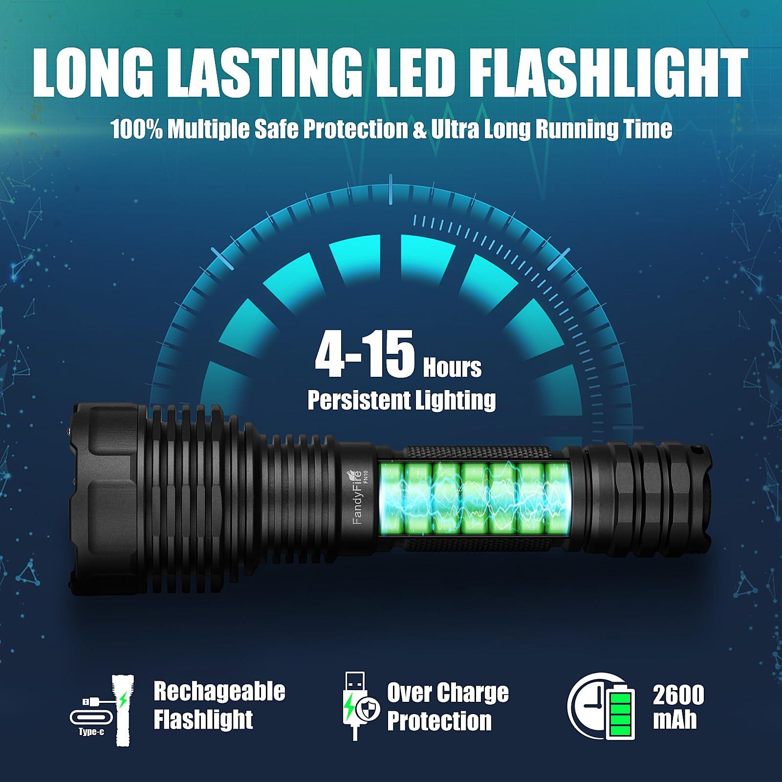 Long lasting LED flashlight with rechargeable battery, 2600mAh, overcharge protection.