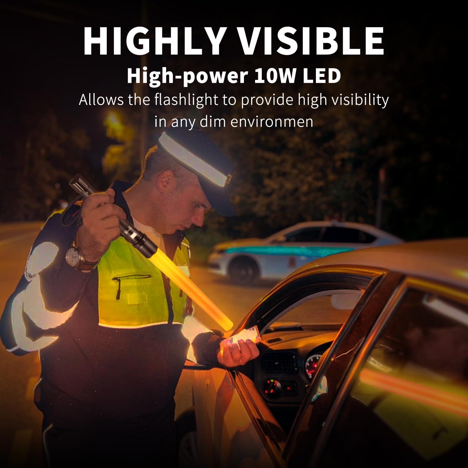 Police officer using high-power 10W LED flashlight for traffic stop at night