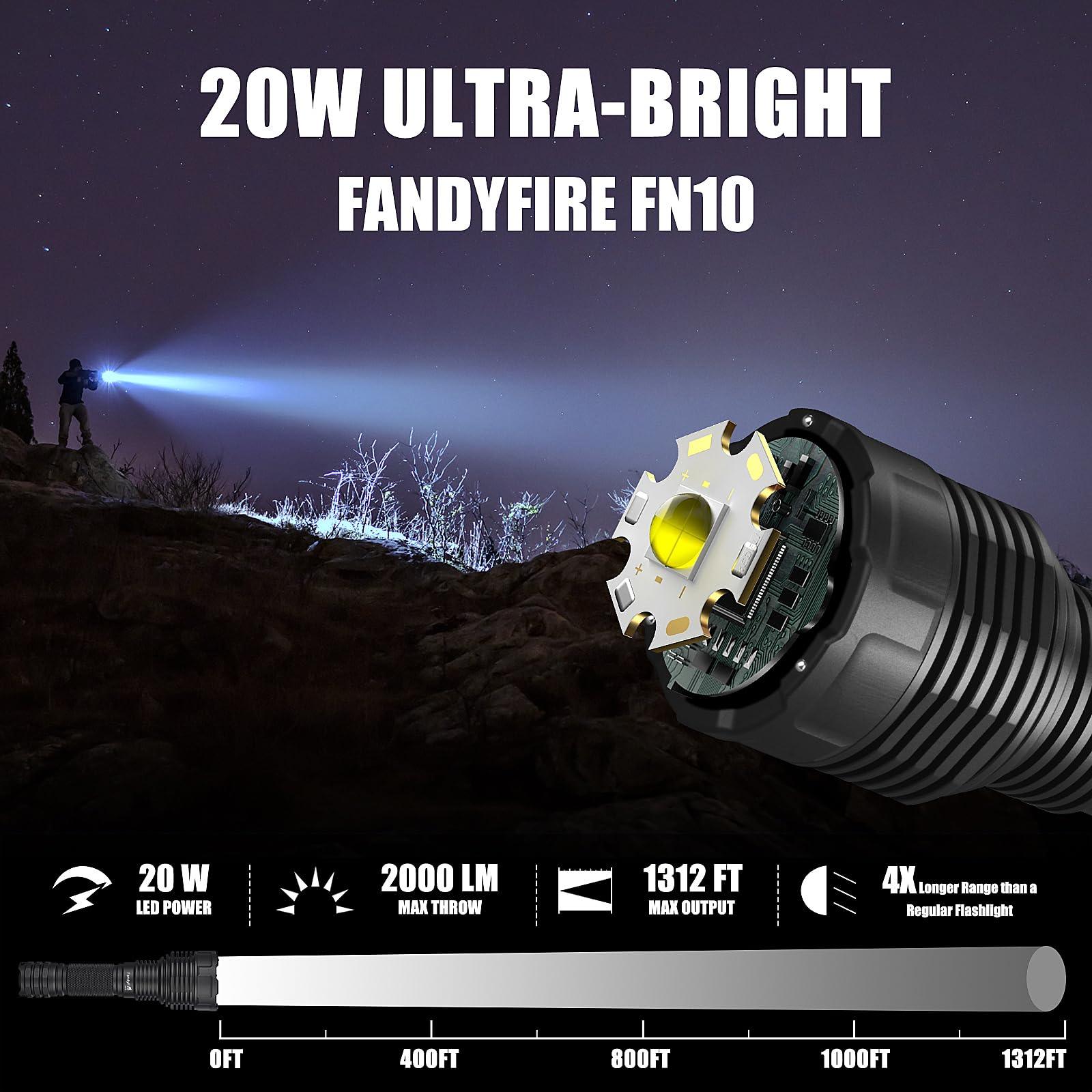 FandyFire FN10 20W ultra-bright flashlight projecting powerful beam outdoors at night