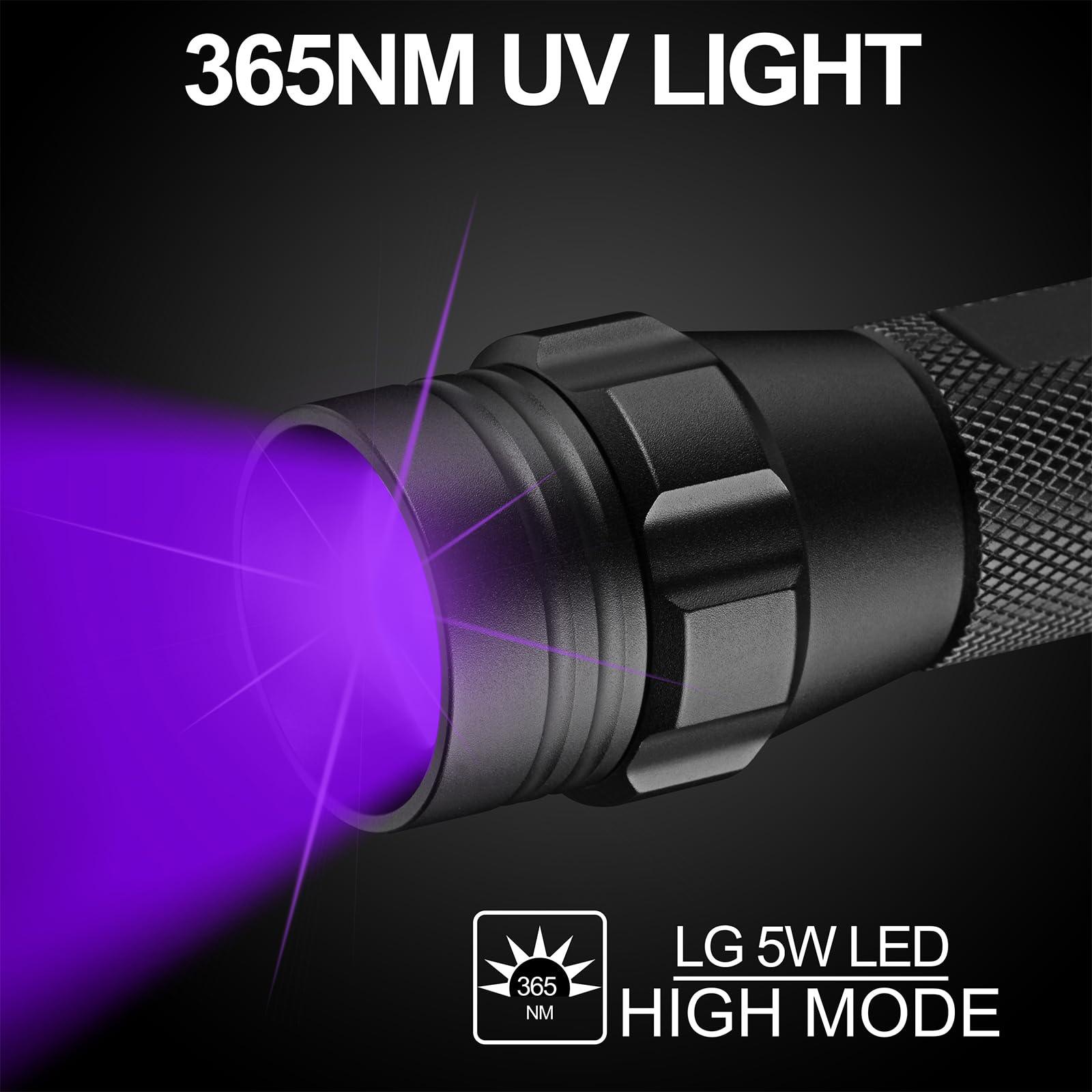 365nm UV flashlight with purple beam, LG 5W LED, high mode, black background