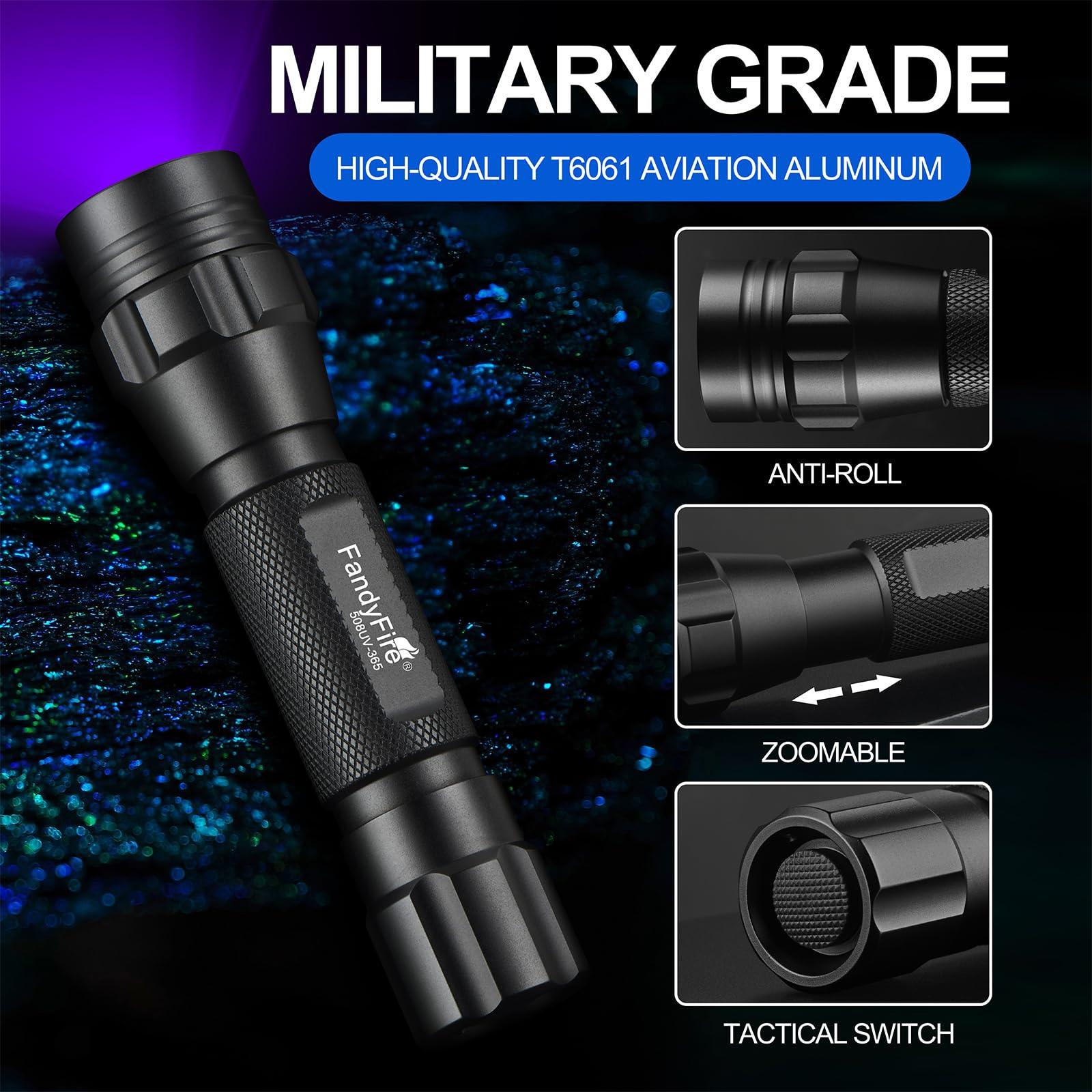 Military grade black FandyFire flashlight with zoomable, anti-roll, and tactical switch features