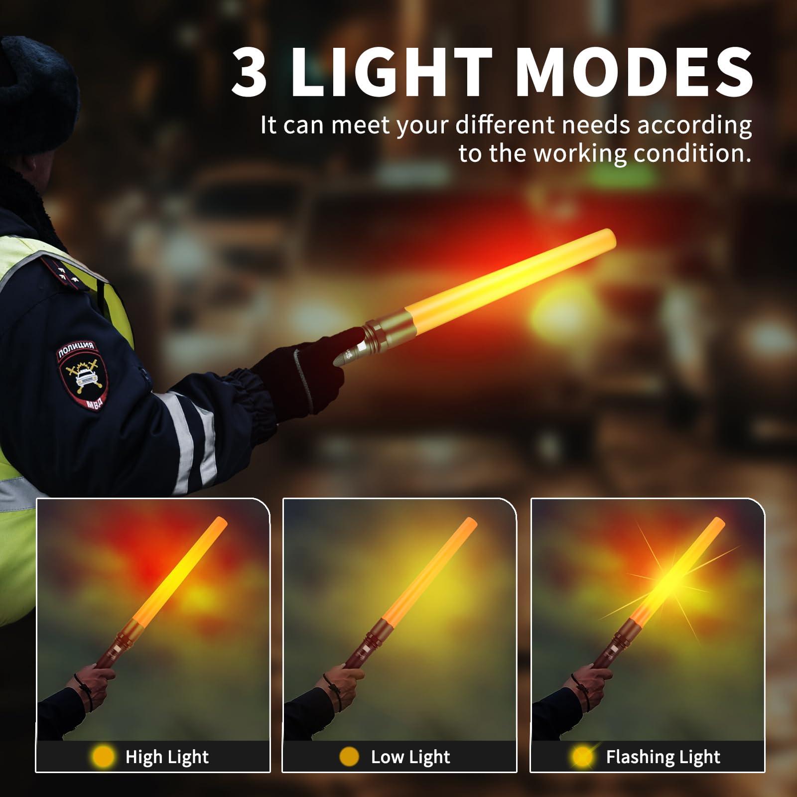 Traffic officer using LED safety baton with 3 light modes: high, low, and flashing.