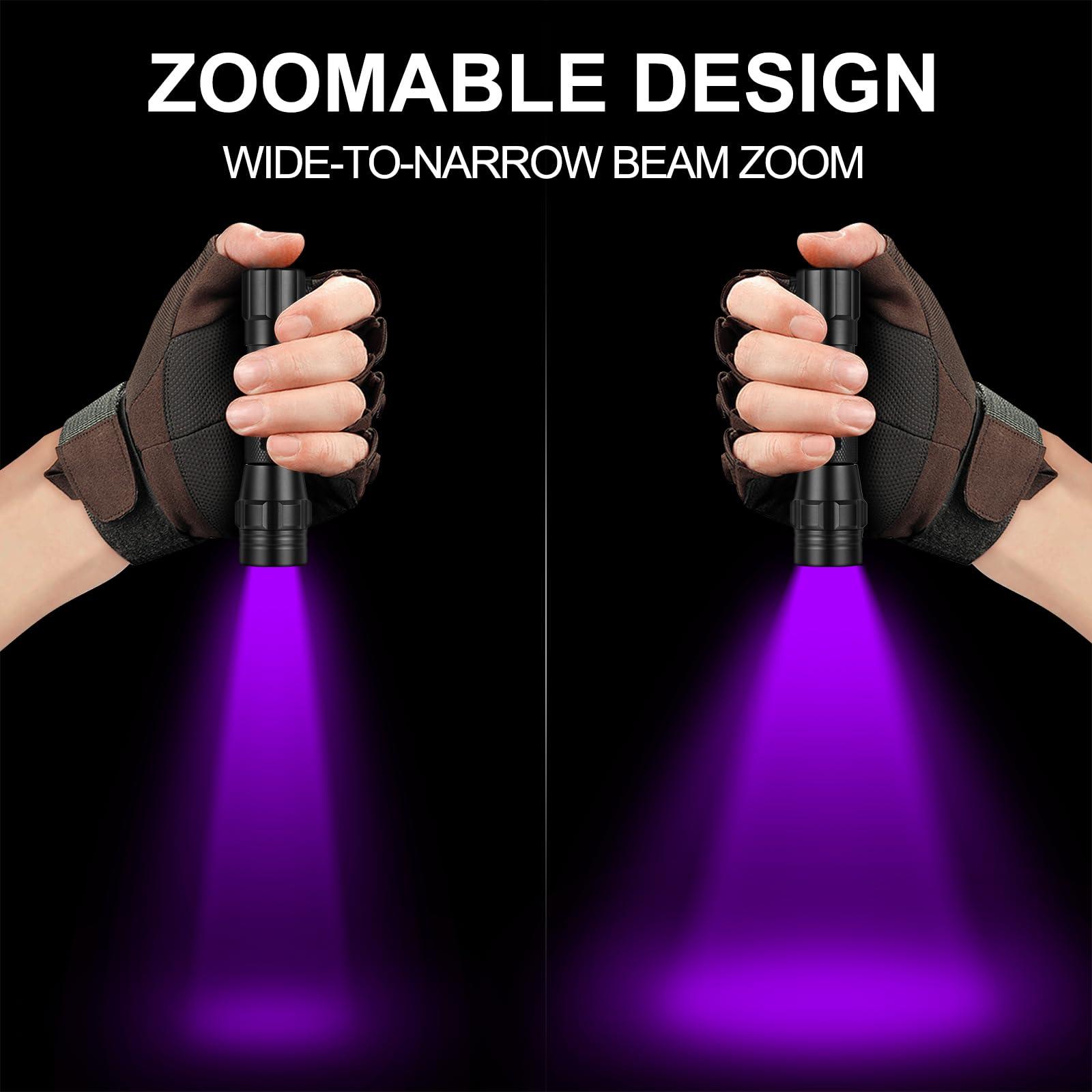 Zoomable UV flashlight with wide to narrow purple beam held in gloved hands on black background