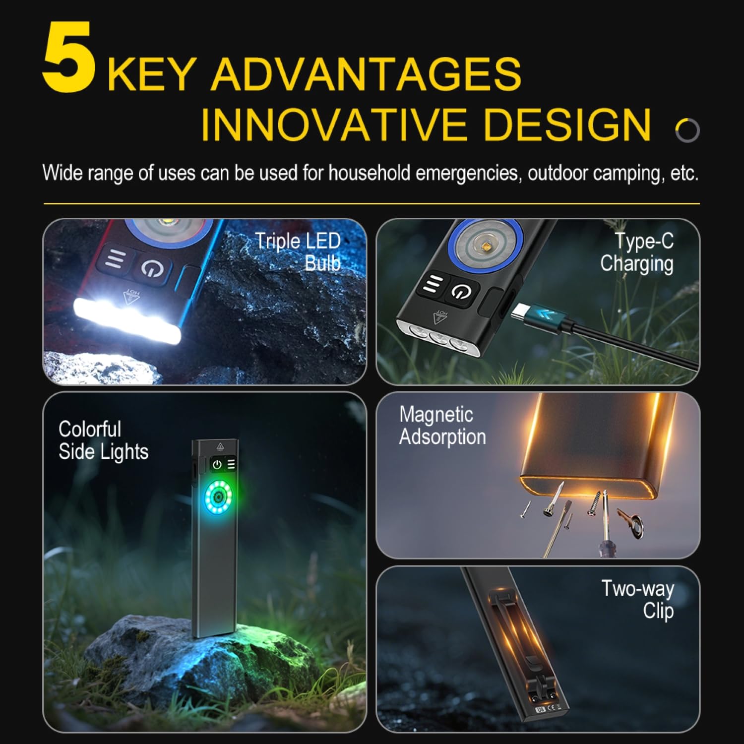 FandyFire U8 Rechargeable EDC Flashlight, 650 Lumens Flat Pocket Flashlight with Clip, Mini RGB Side Light, IP67 Waterproof Magnetic Keychain Light for Everyday Carry