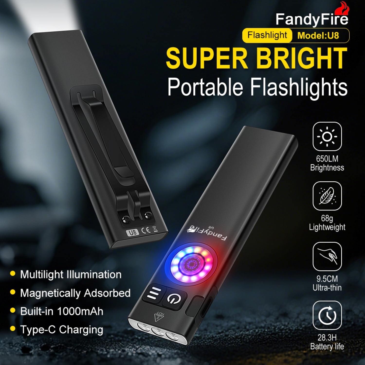 FandyFire U8 Rechargeable EDC Flashlight, 650 Lumens Flat Pocket Flashlight with Clip, Mini RGB Side Light, IP67 Waterproof Magnetic Keychain Light for Everyday Carry