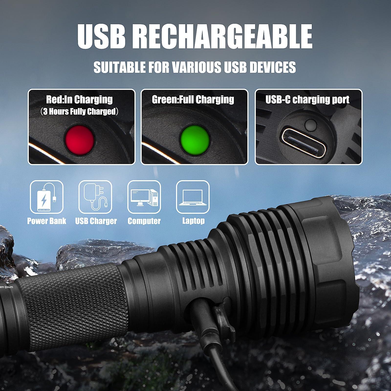 USB rechargeable flashlight with USB-C port, charging indicator lights, and device icons.