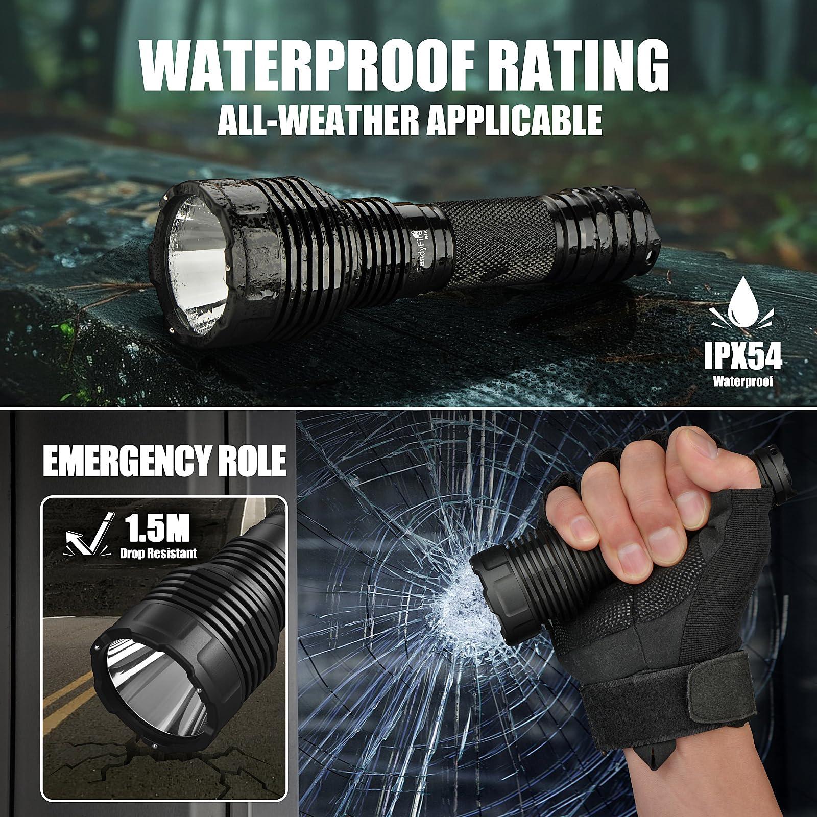 IPX54 waterproof flashlight on wet surface, 1.5m drop resistant, breaks glass in emergencies