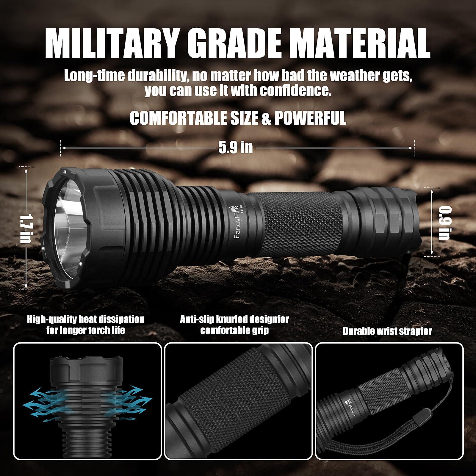Black military grade tactical flashlight with knurled grip, heat dissipation, and wrist strap.