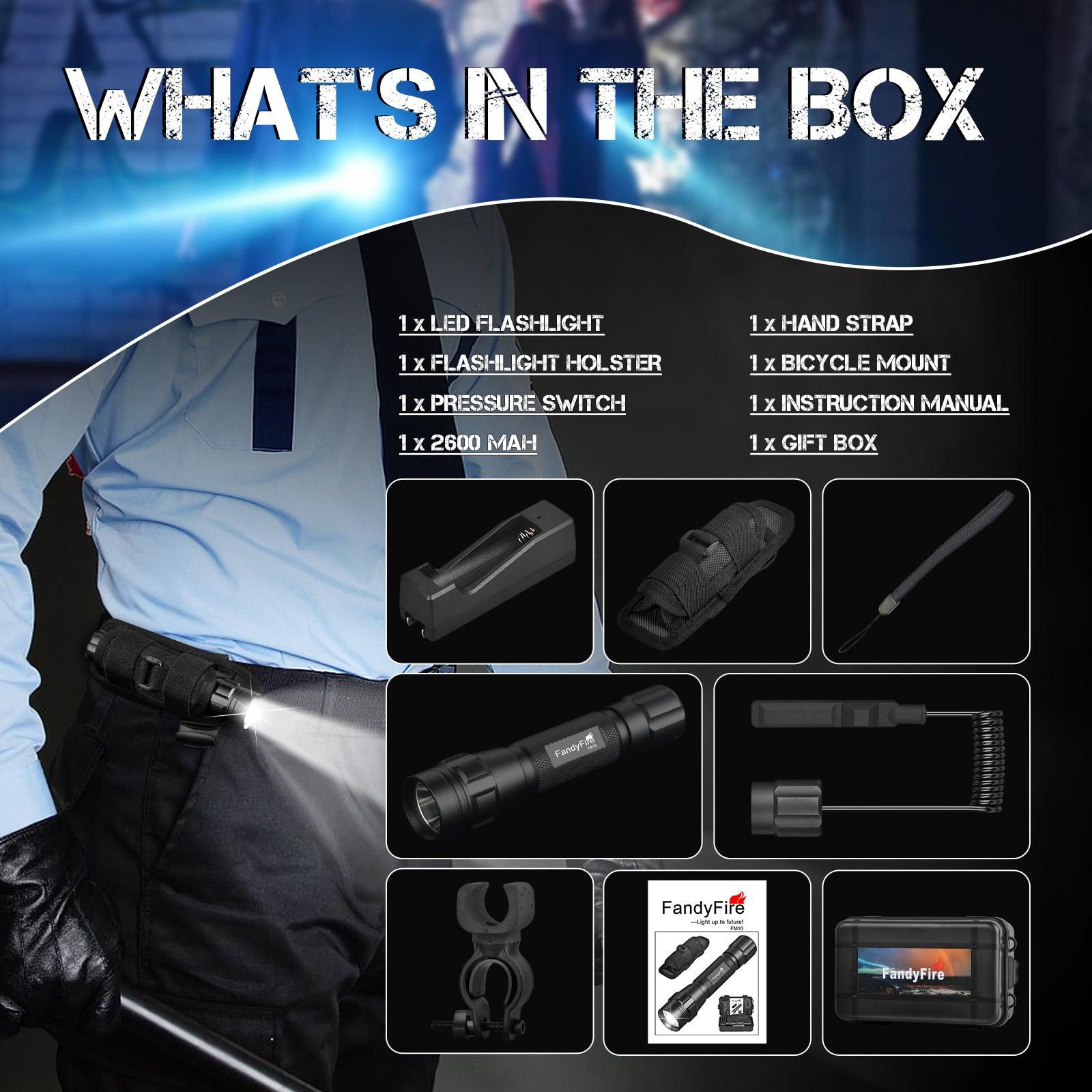 LED flashlight kit contents display with holster, battery, mount, and accessories