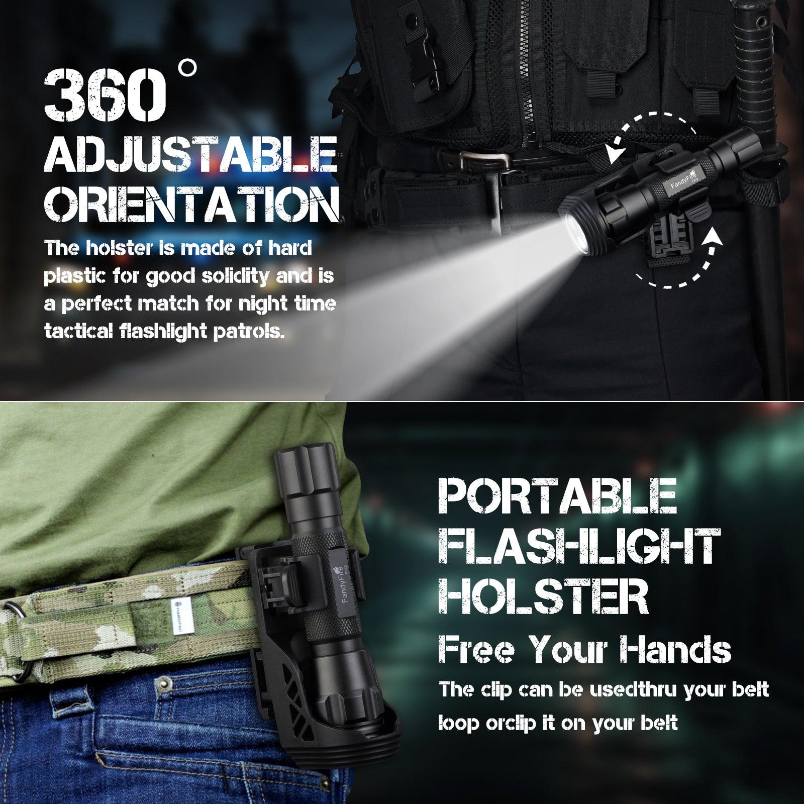 Tactical flashlight in adjustable holster clip on belt, portable hands-free holder