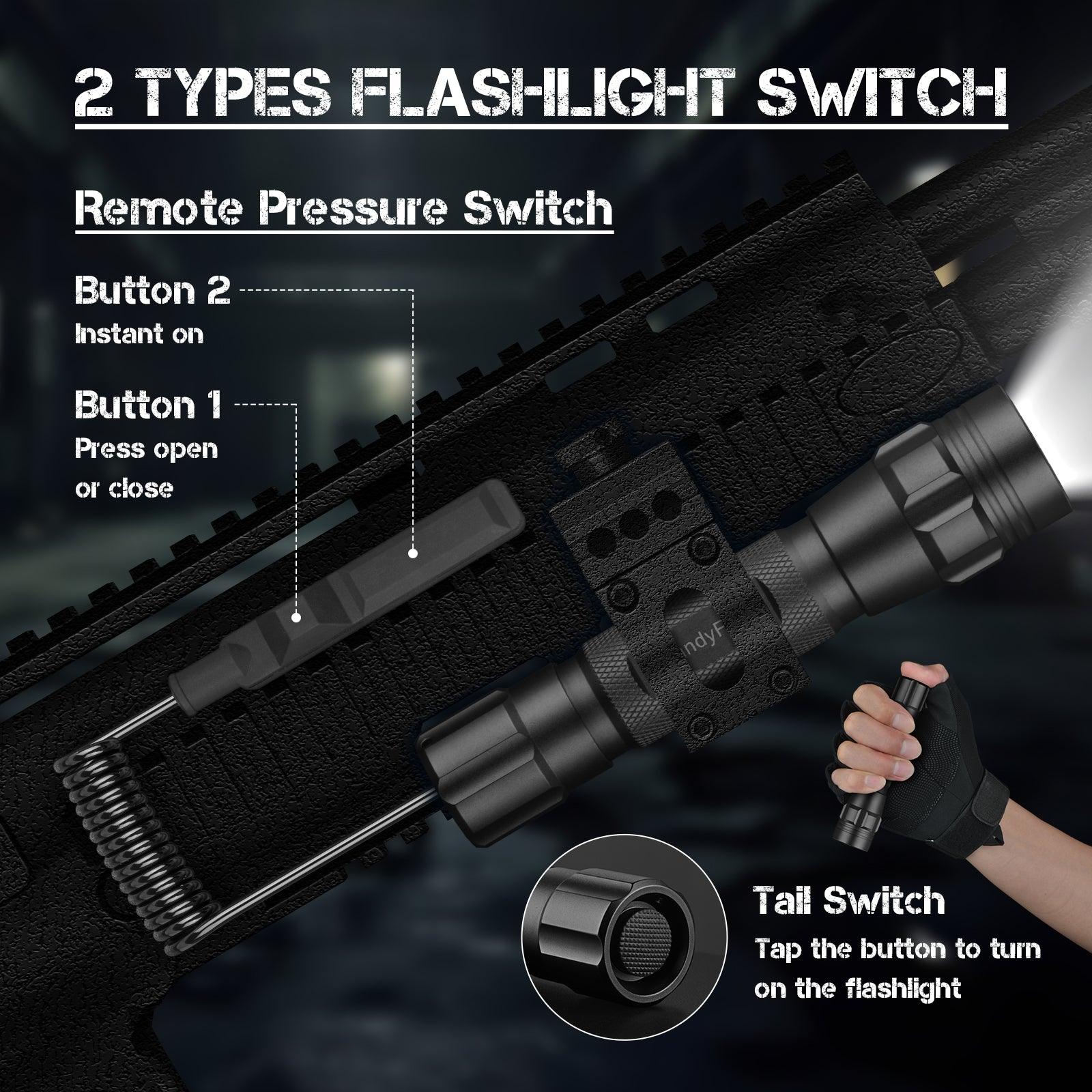 Tactical flashlight with remote pressure and tail switch on black rifle, close-up detail