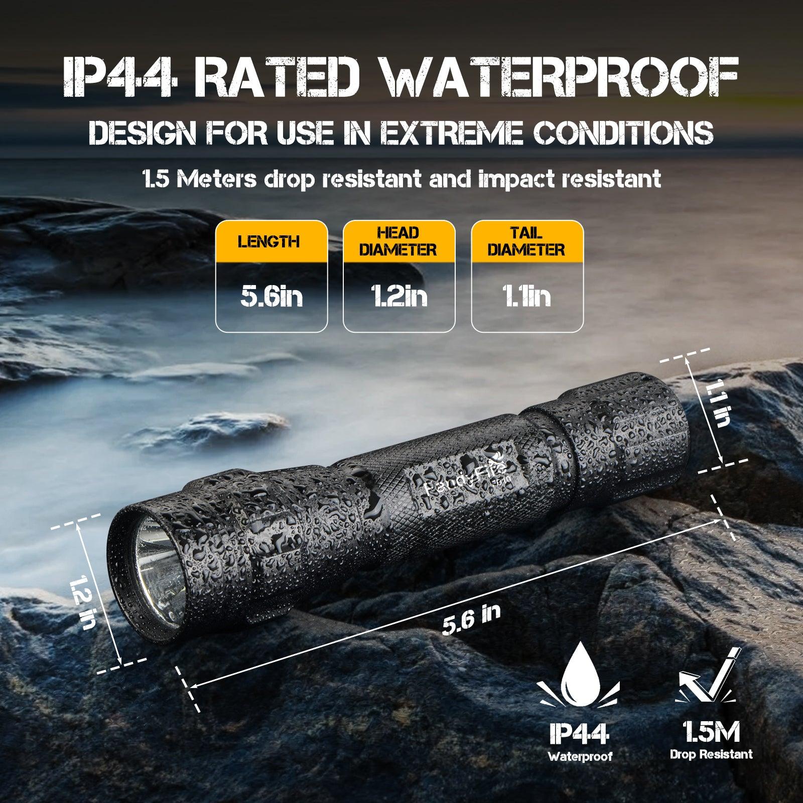 IP44 waterproof flashlight with water droplets, rugged outdoor design, 5.6 inch length