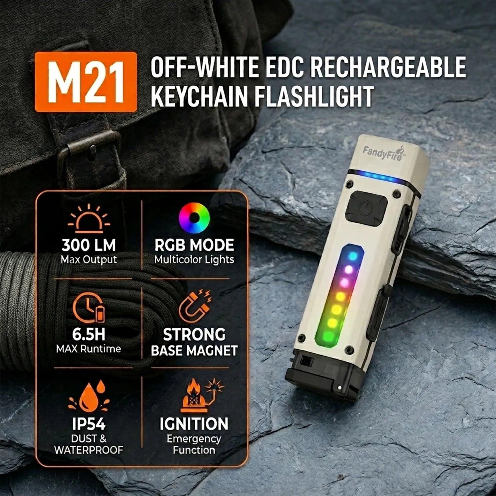 FandyFire® M21 Mini EDC Flashlight w/ RGB & Emergency Ignition