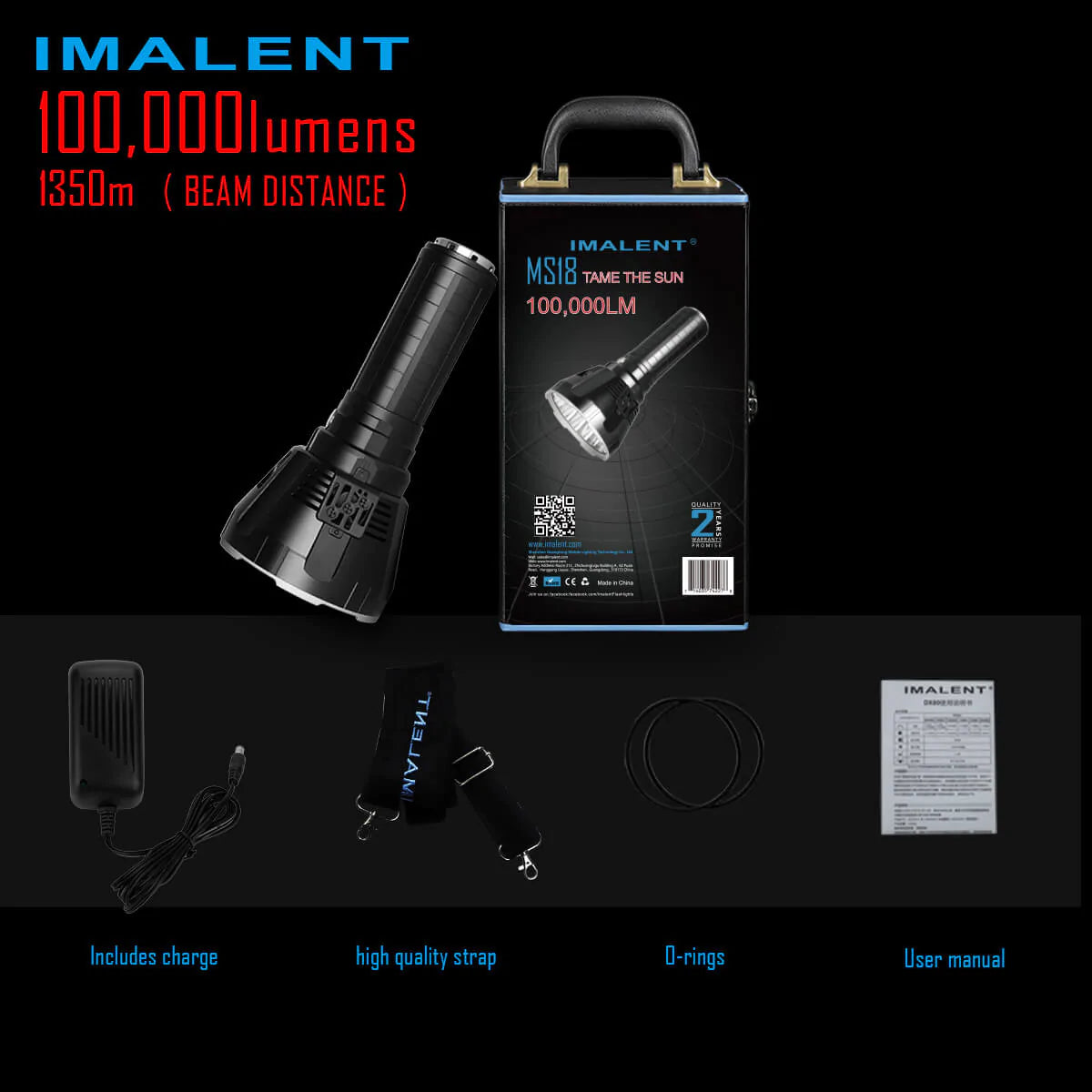 IMALENT MS18 100000 Lumens Led Flashlight, 18pcs CREE XHP70 Led, Waterproof with 21700 Battery Intelligent Charging