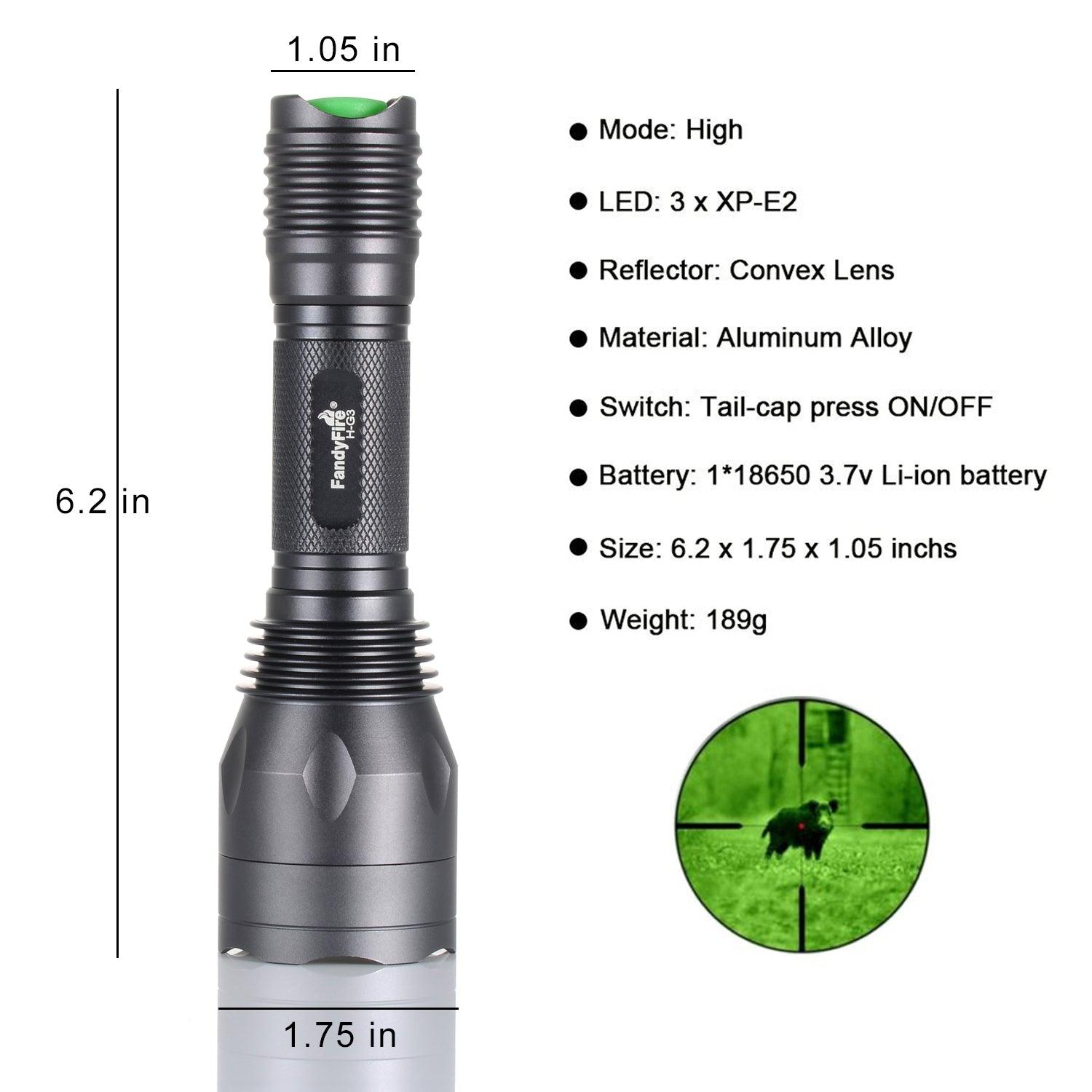 Black aluminum LED tactical flashlight with size details and product specifications listed.