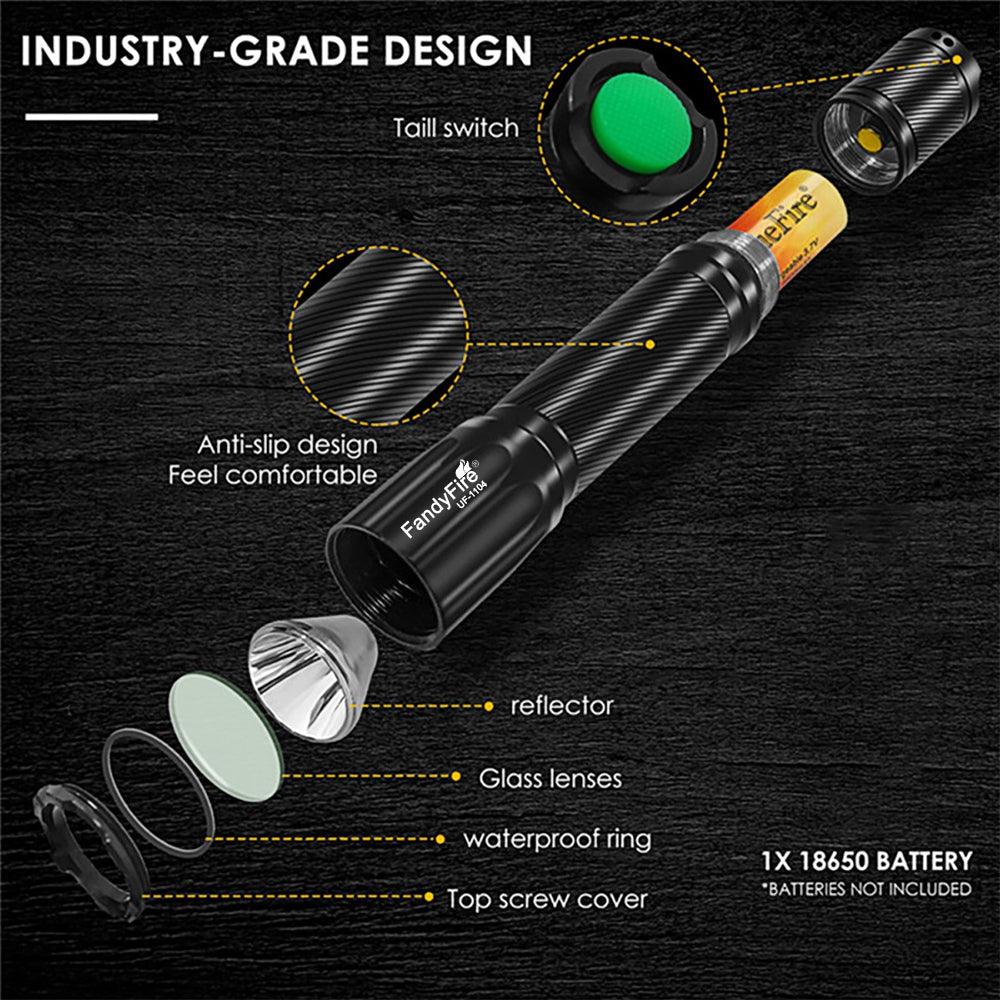 Industry-grade FandyFire flashlight with anti-slip body, tail switch, battery, and labeled parts