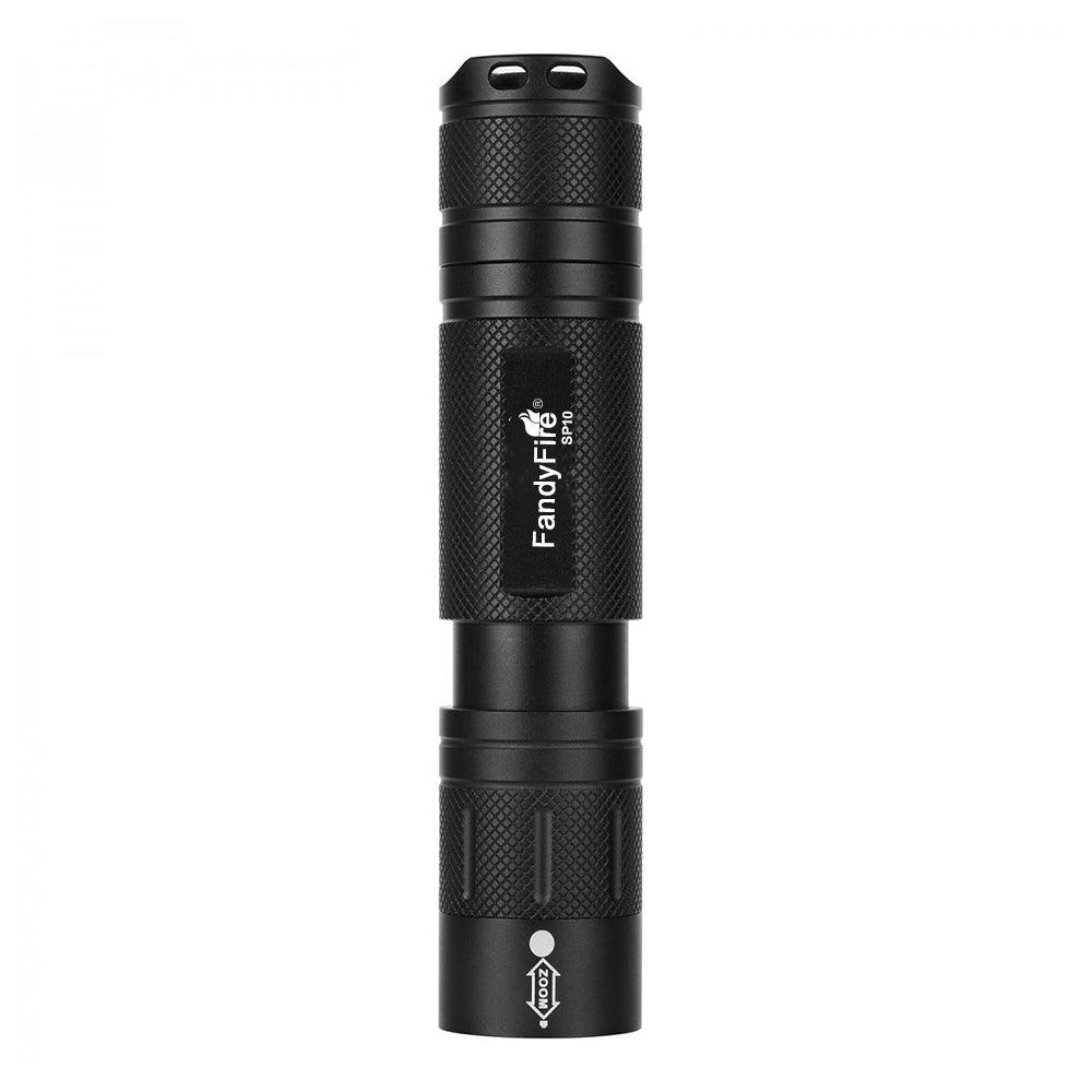 Black FandyFire SP70 tactical LED flashlight with textured grip on white background