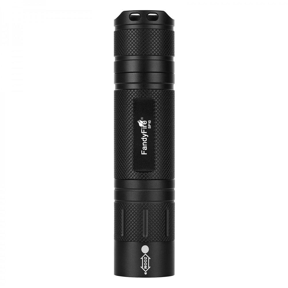 Black FandyFire SP10 tactical LED flashlight with textured grip on white background