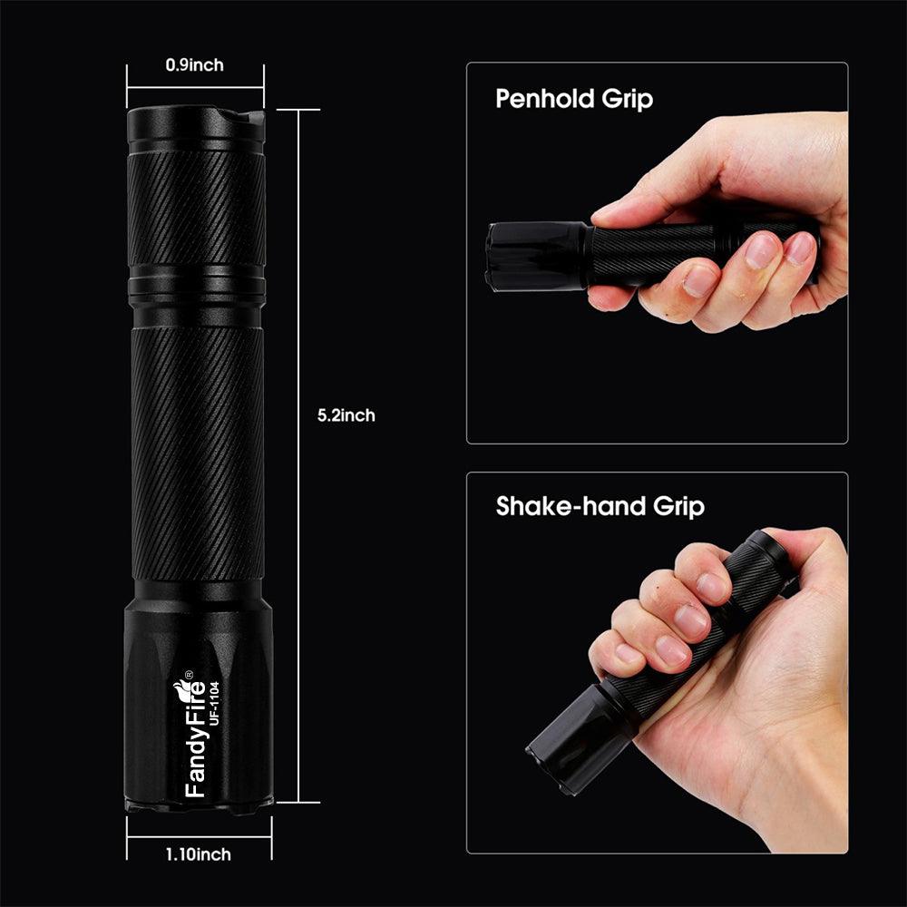 Compact black flashlight with textured grip, shown with penhold and shake-hand grip styles, product dimensions labeled.