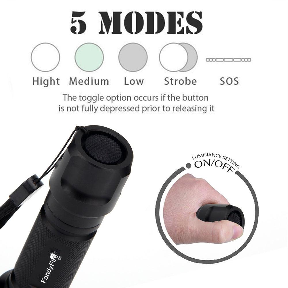 Black FandyFire LED flashlight showing 5 modes and rear button operation instructions