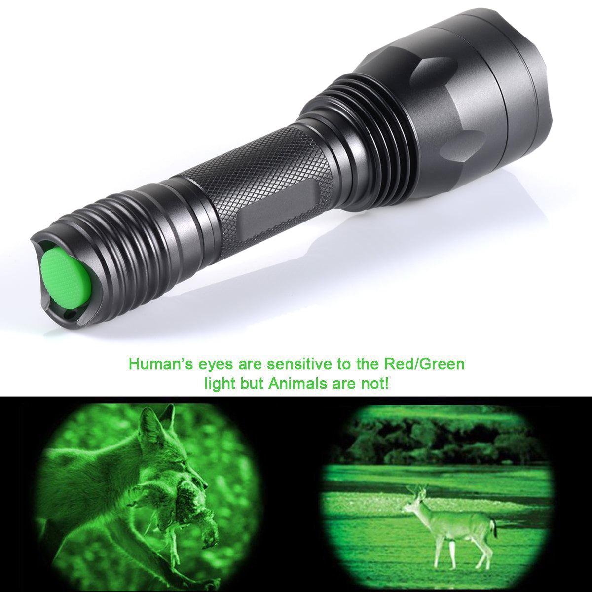 Black tactical flashlight with green button, night vision effect on fox and deer images below