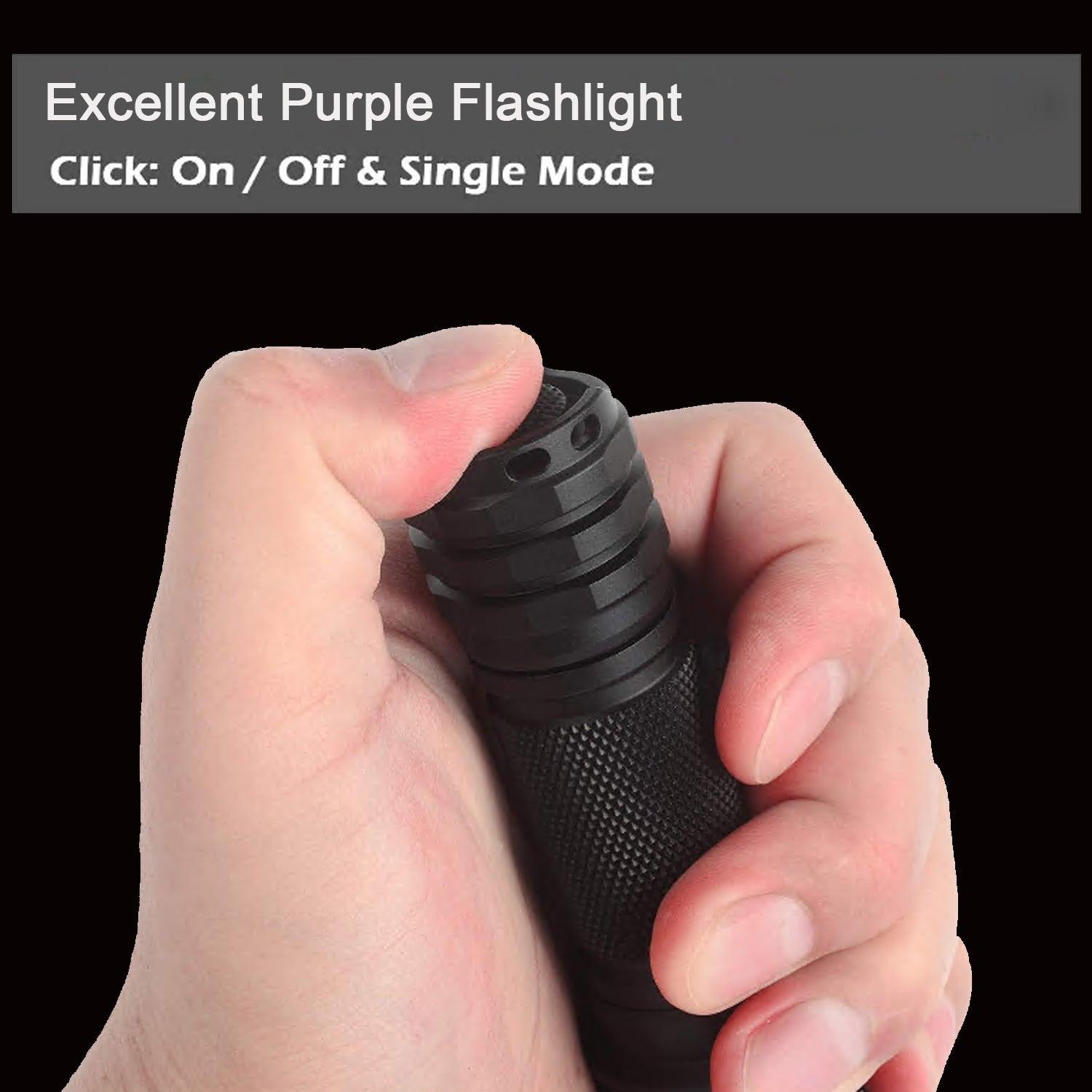 Hand holding black purple flashlight with textured grip, single mode on/off feature shown