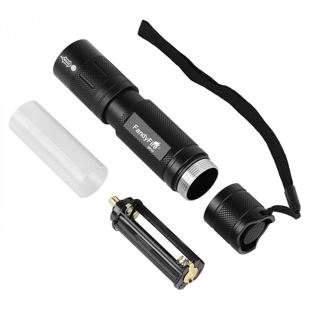 Black FandyFire flashlight disassembled with battery holder, case, and wrist strap