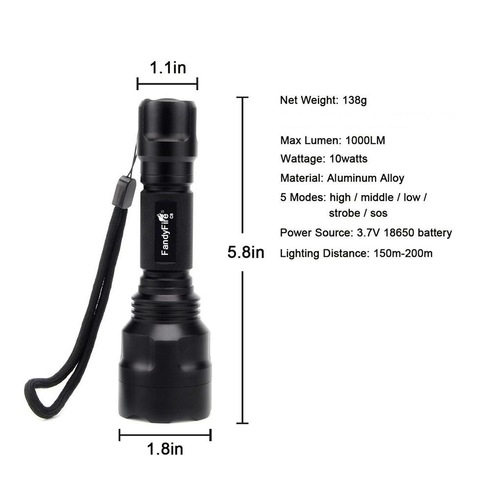 Black aluminum LED flashlight with lanyard, showing size, specs, and five light modes.