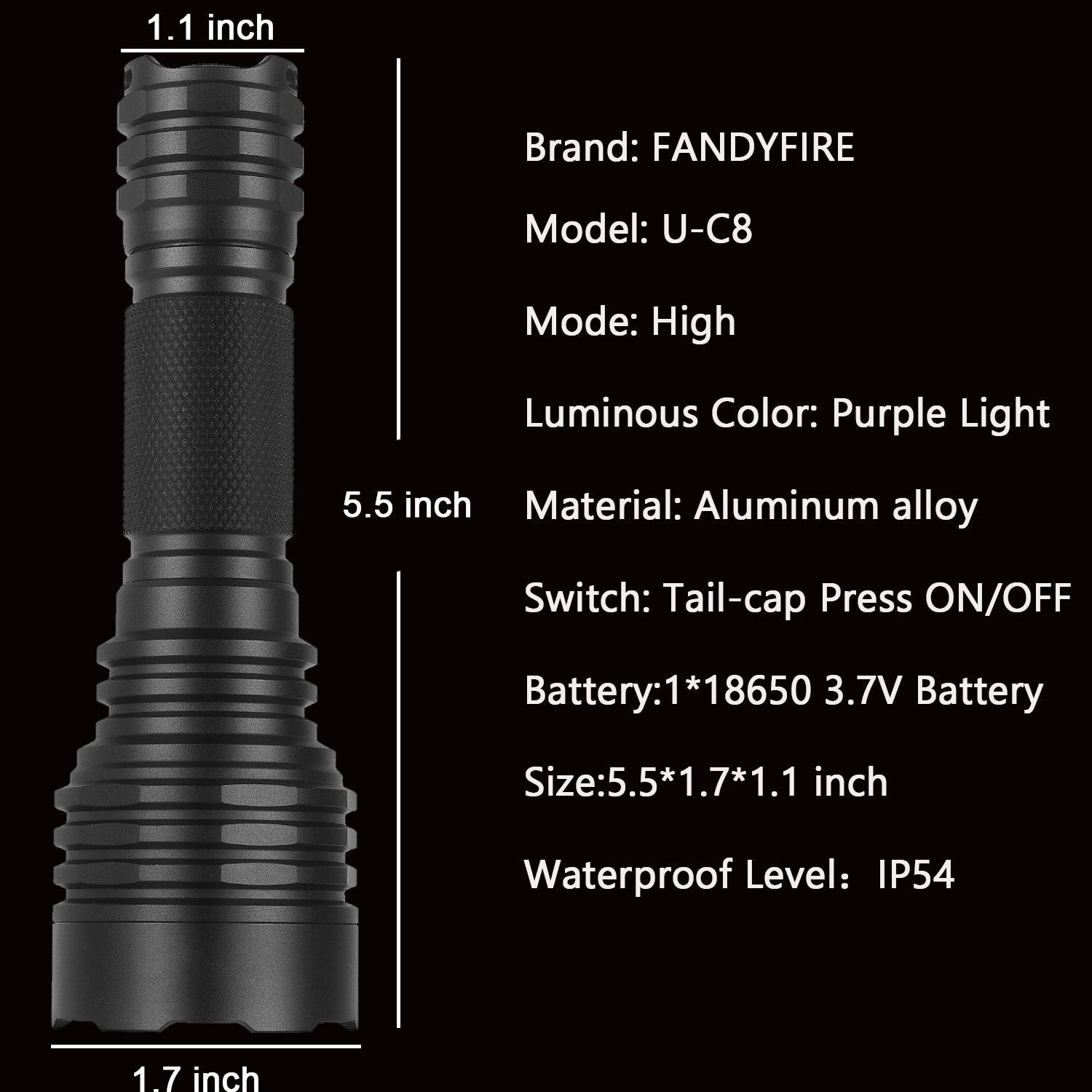 FANDYFIRE U-C8 aluminum purple light flashlight with size and specs on black background