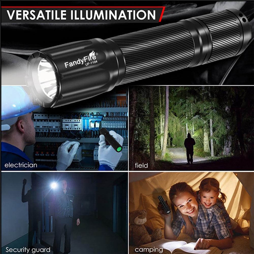 FandyFire flashlight used by electrician, security guard, outdoors, and camping for versatile illumination
