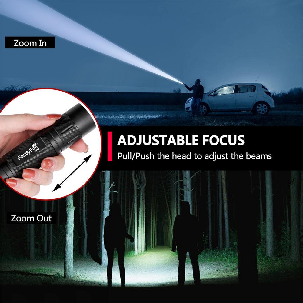Adjustable focus LED flashlight showing zoom in and out beam outside at night, forest, car