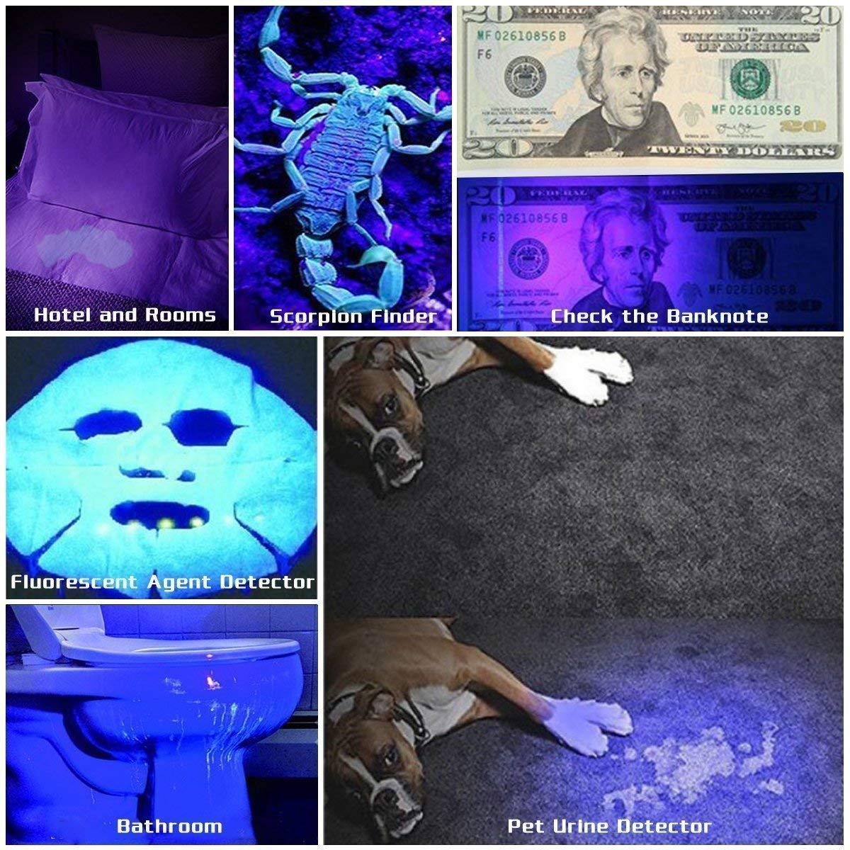UV flashlight uses: detecting stains on bed and bathroom, scorpion, banknote, pet urine, fluorescent agent.