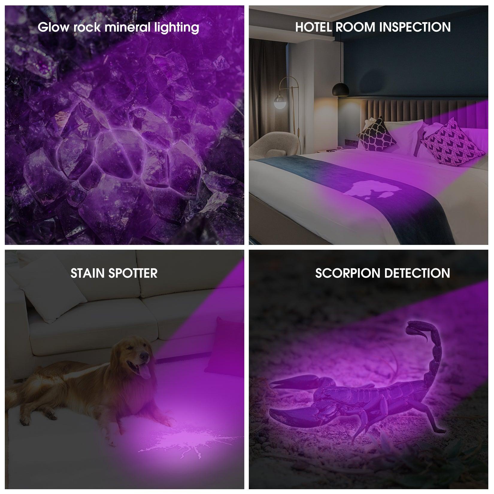 UV flashlight uses: mineral lighting, hotel room inspection, pet stain detection, scorpion spotting
