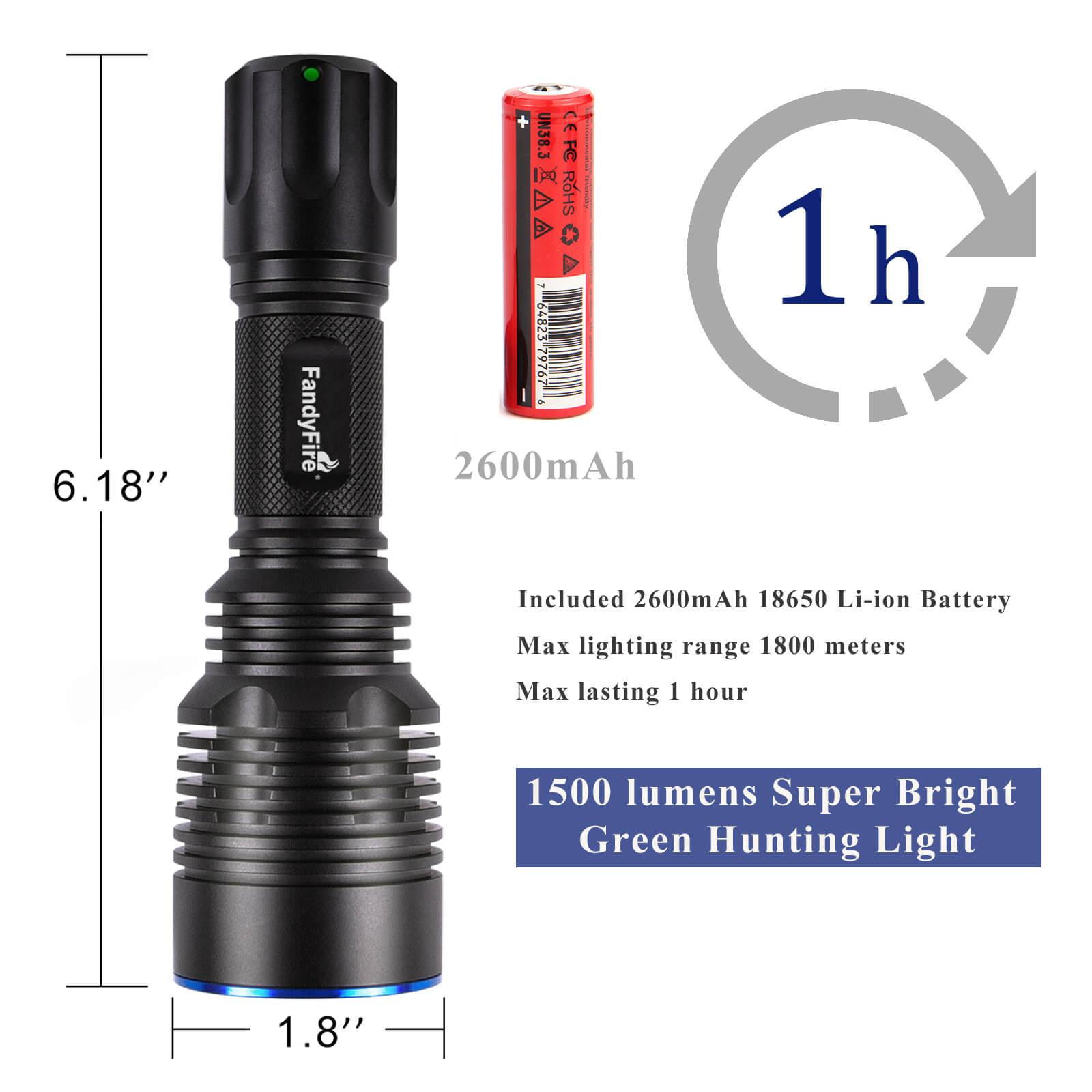 FandyFire 1500 lumens super bright green hunting flashlight with 2600mAh battery, 6.18 inch length