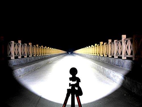 Bright bike headlight illuminating a bridge at night with railings and a tripod silhouette