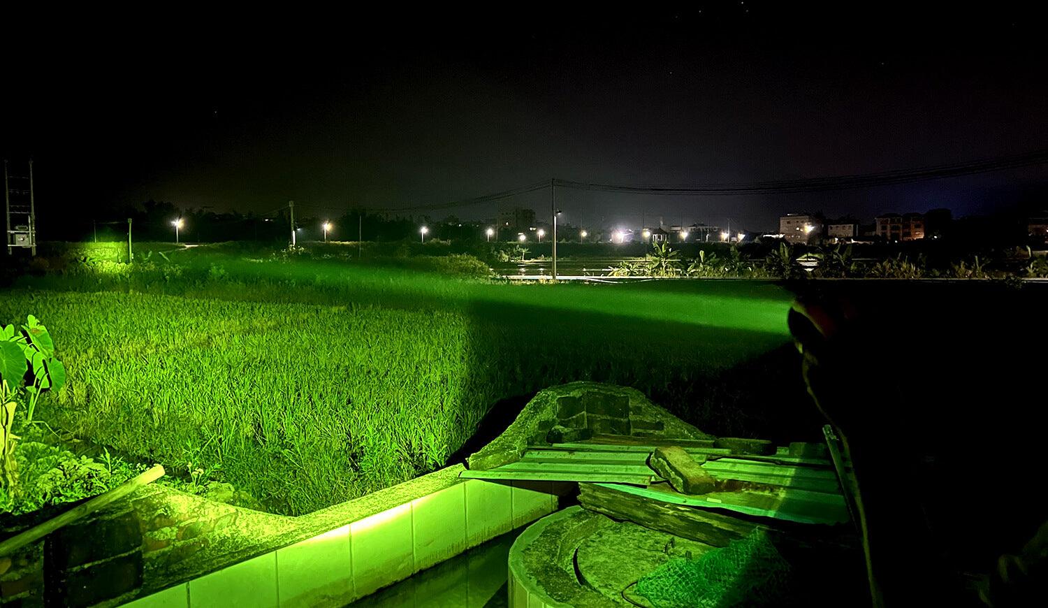 Green flashlight beam illuminating a field at night with distant street lights and buildings.