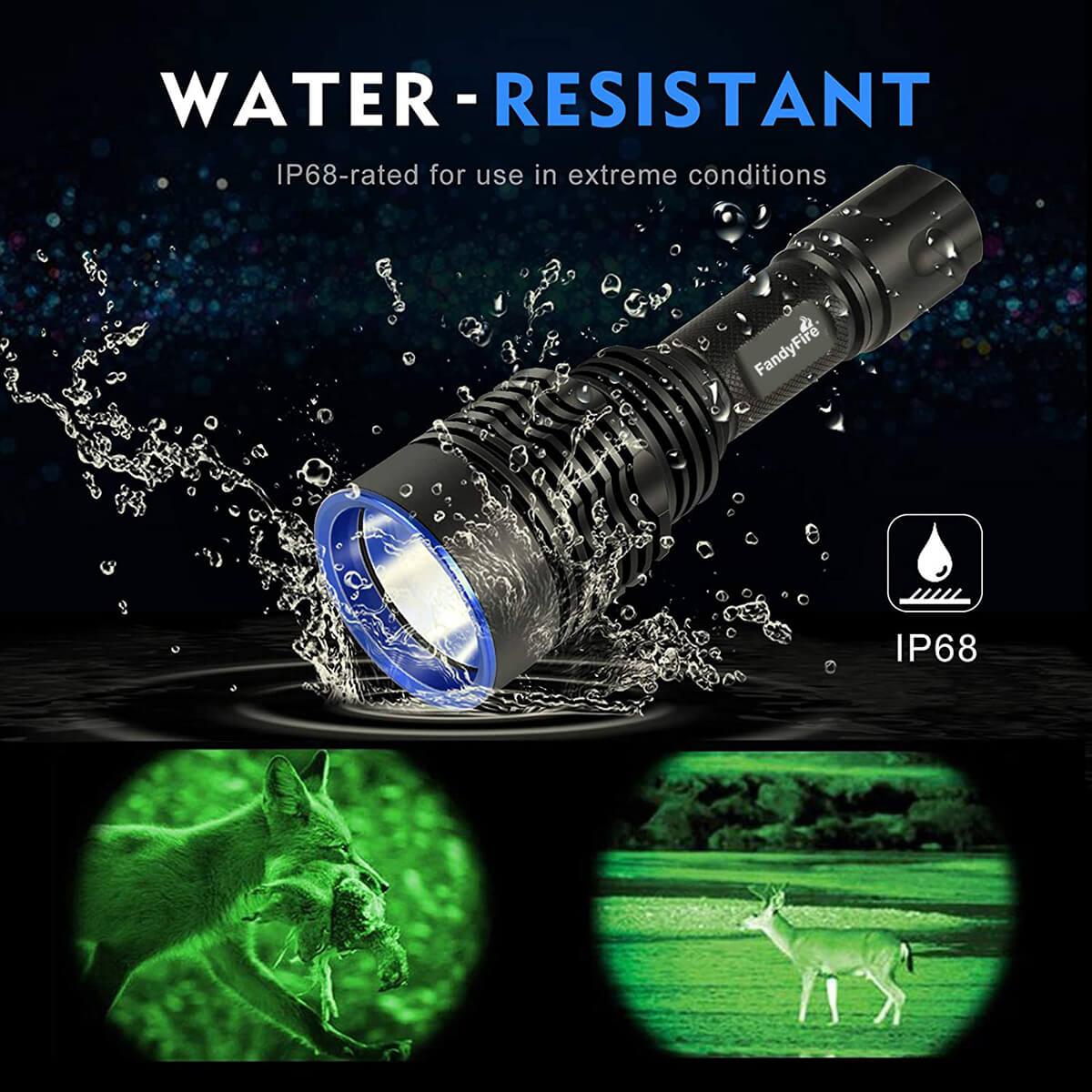 Water-resistant IP68 tactical flashlight in splash, night vision view of fox and deer hunting