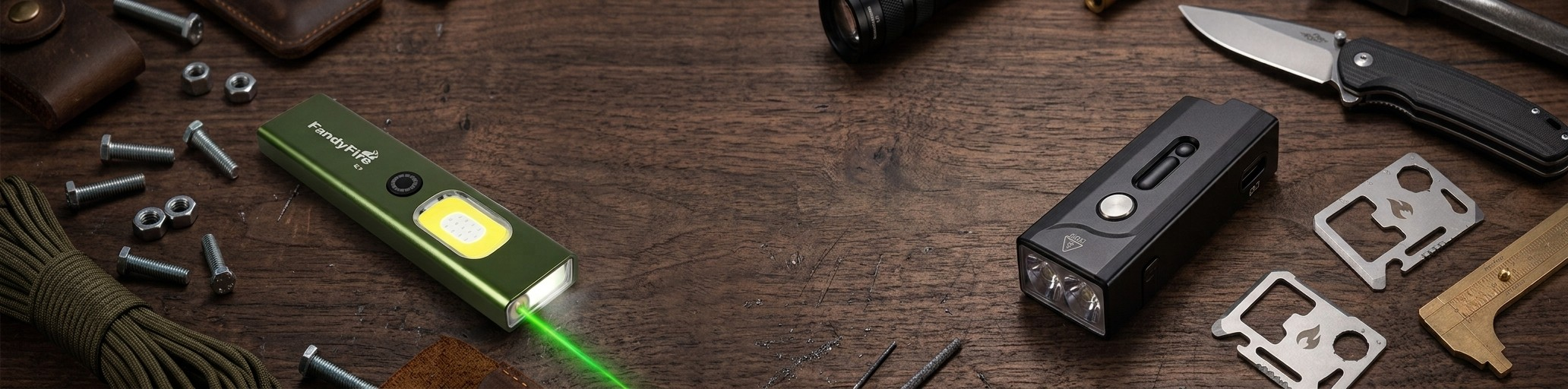 Everyday carry flashlights, knives, and multitools arranged on a wooden surface