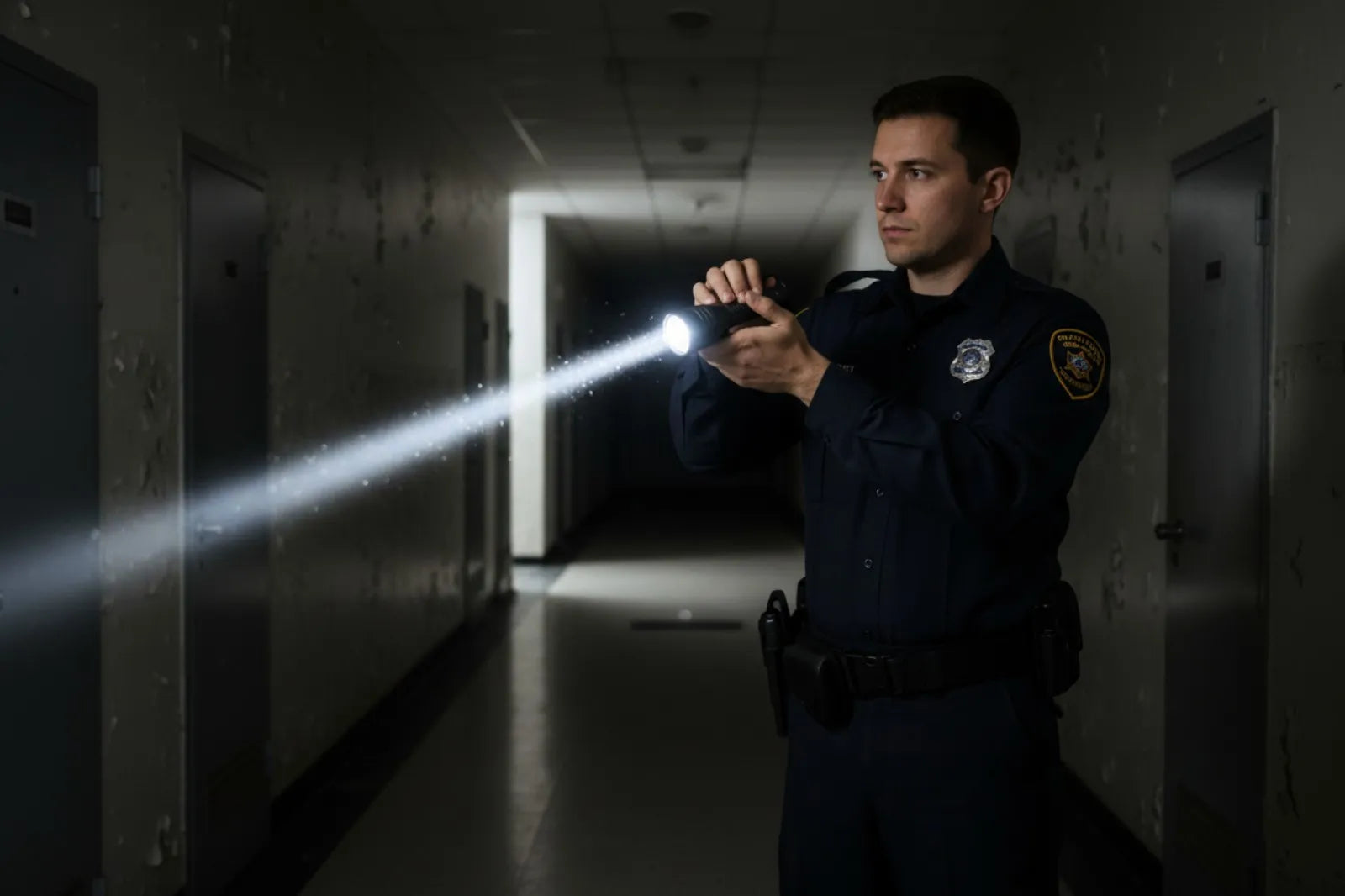 Security officer using tactical flashlight for patrol in dark hallway