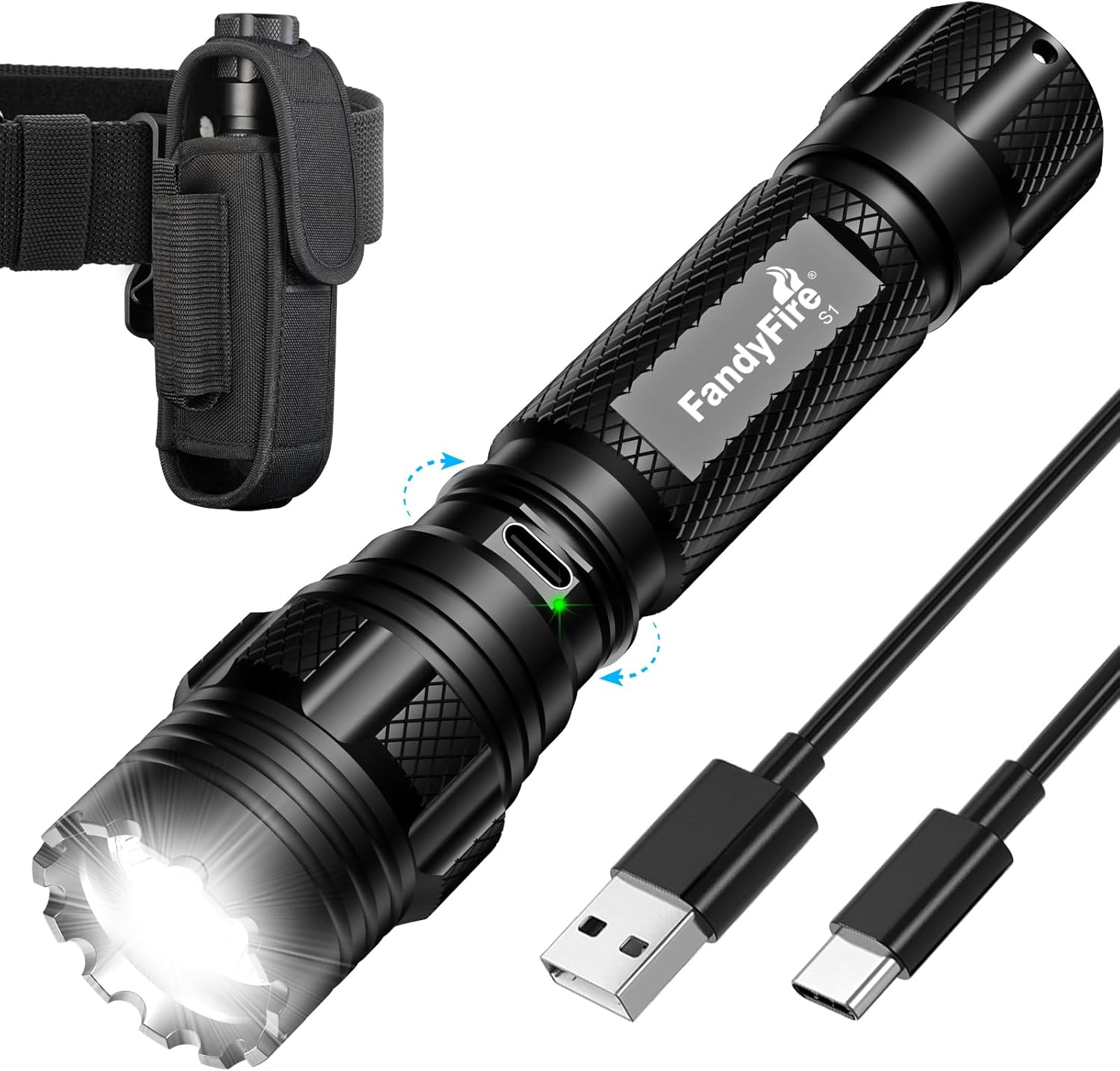 S1 Tactical Flashlight with Holster - 1200 High Lumens Rechargeable Police Duty Flashlight, LED Bright Law Enforcement Tactical Flashlight Holster Included
